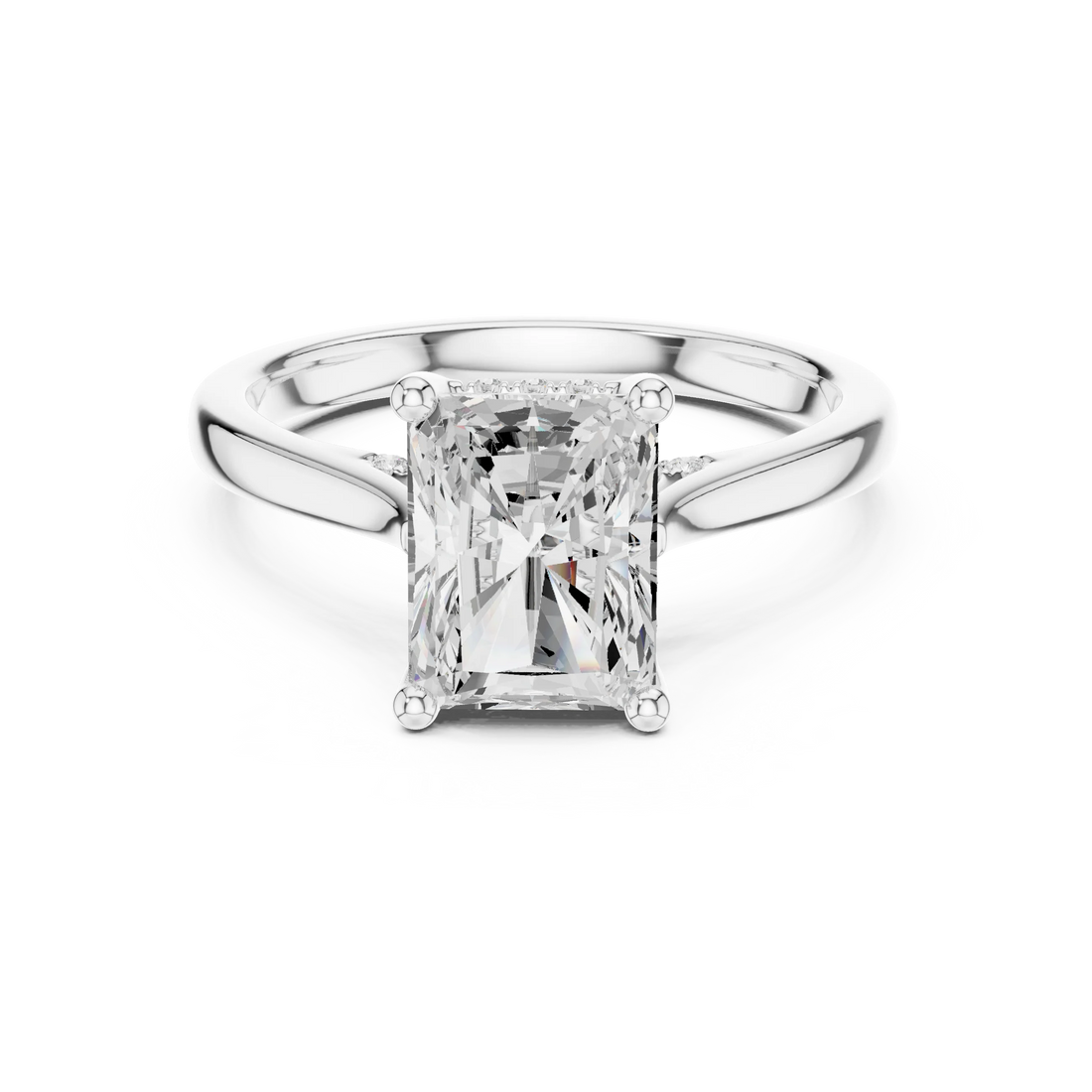Radiant Cut Diamond Hidden Halo Engagement Ring With Cathedral Pave