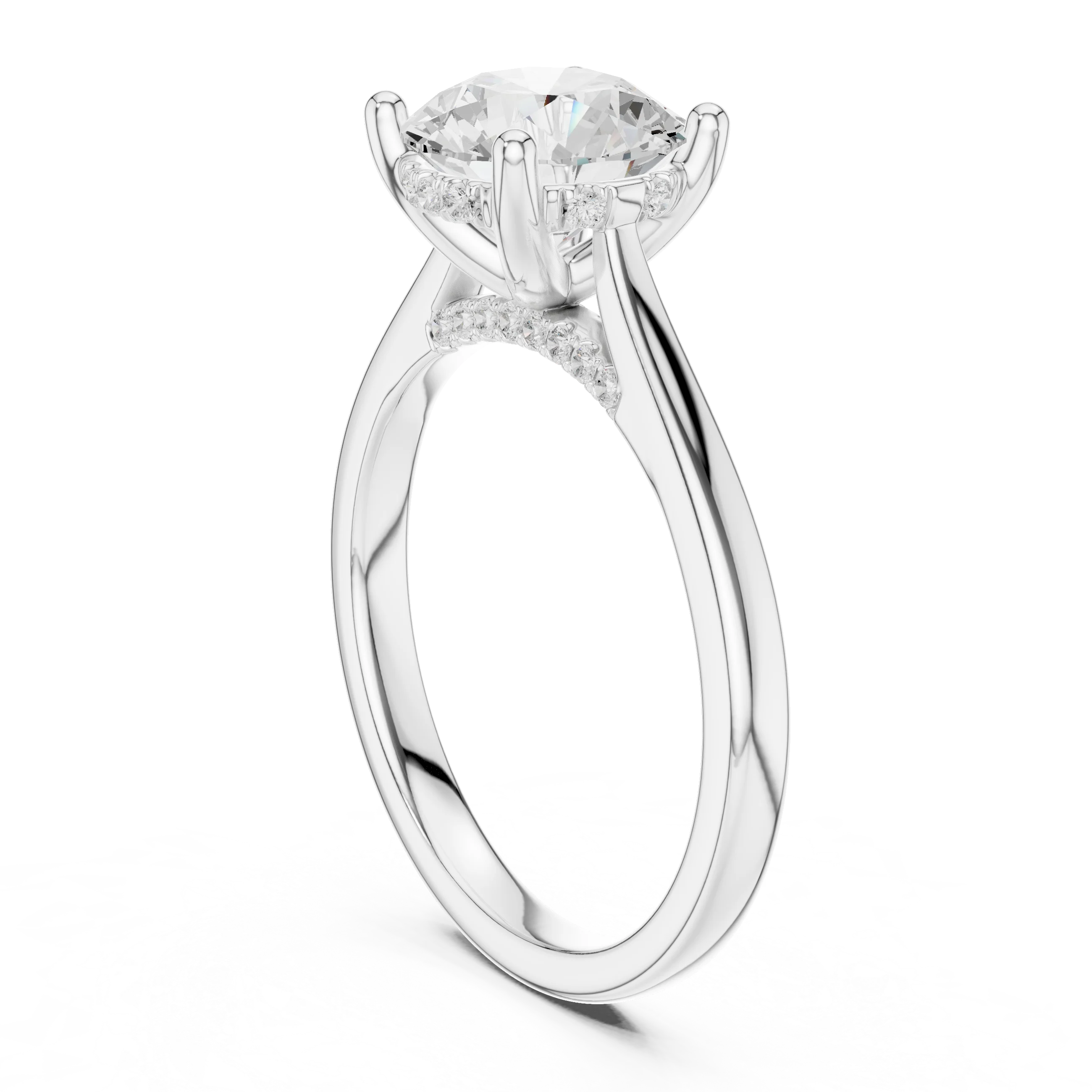 Round Cut Diamond Hidden Halo Engagement Ring With Cathedral Pave