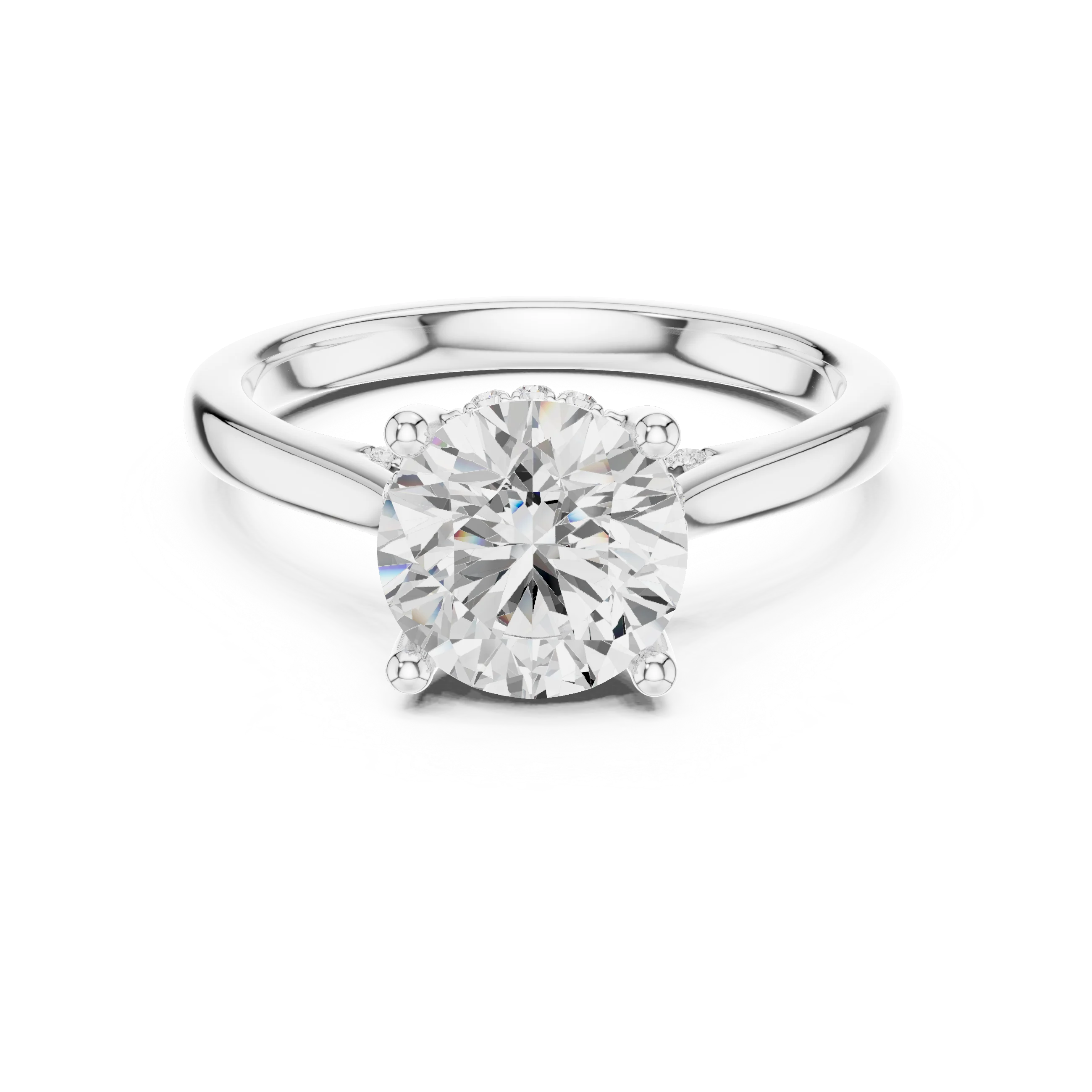 Round Cut Diamond Hidden Halo Engagement Ring With Cathedral Pave