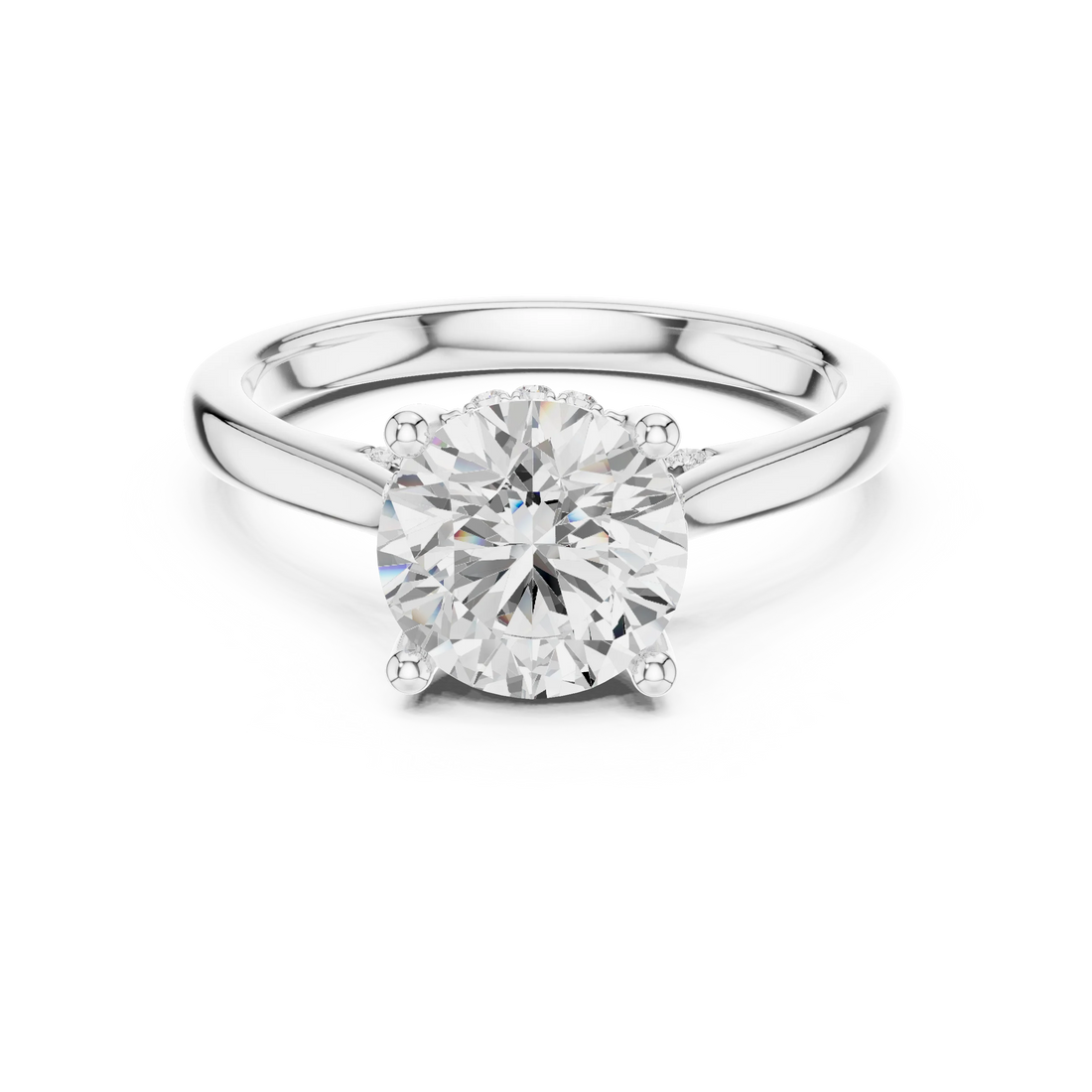 Round Cut Diamond Hidden Halo Engagement Ring With Cathedral Pave