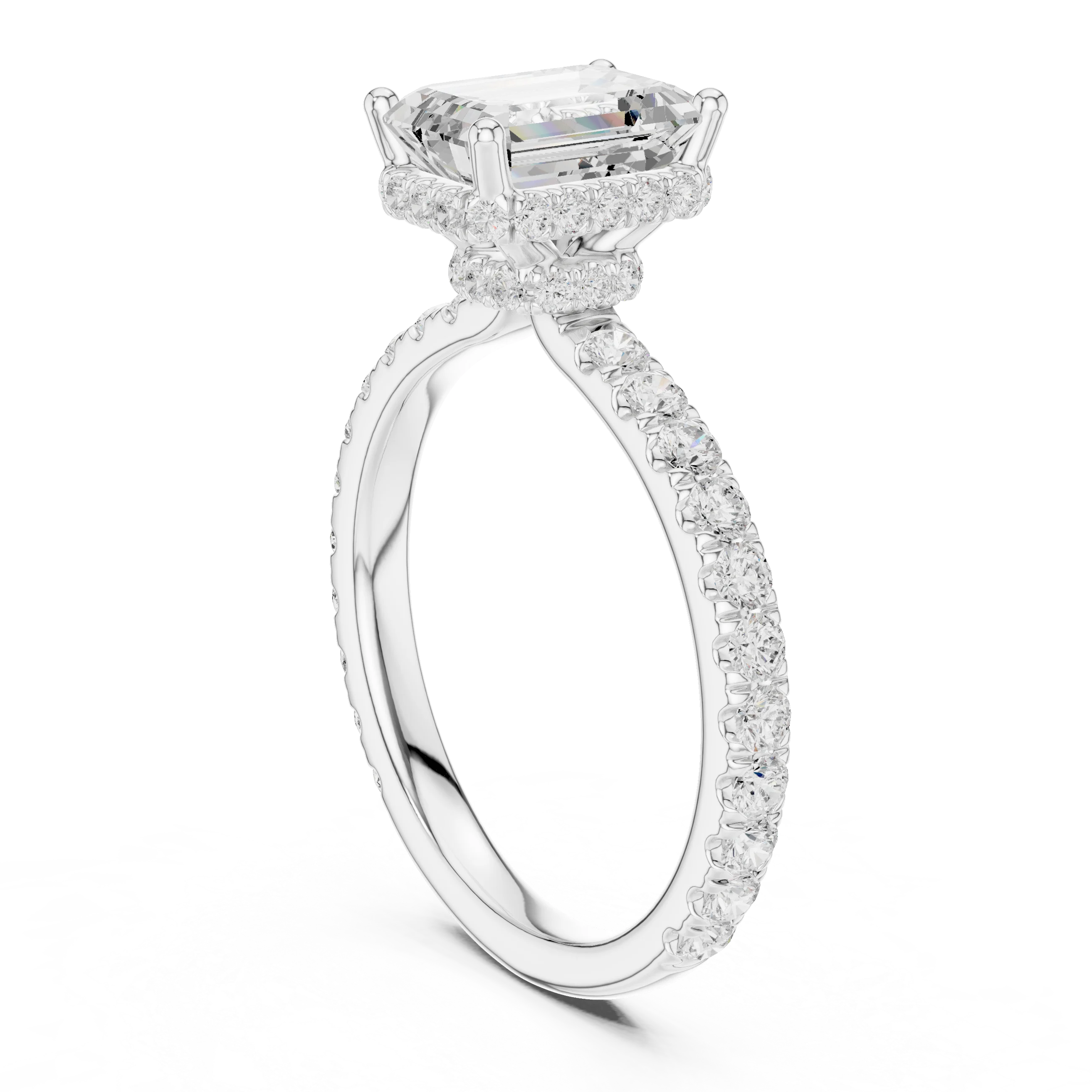 Emerald Cut Diamond Double Halo Pave Engagement Ring