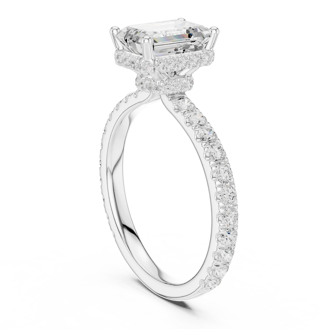 Emerald Cut Diamond Double Halo Pave Engagement Ring
