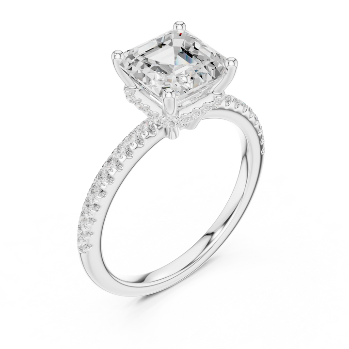 Hidden Halo Asscher Cut Diamond Engagement Ring With Pave Band