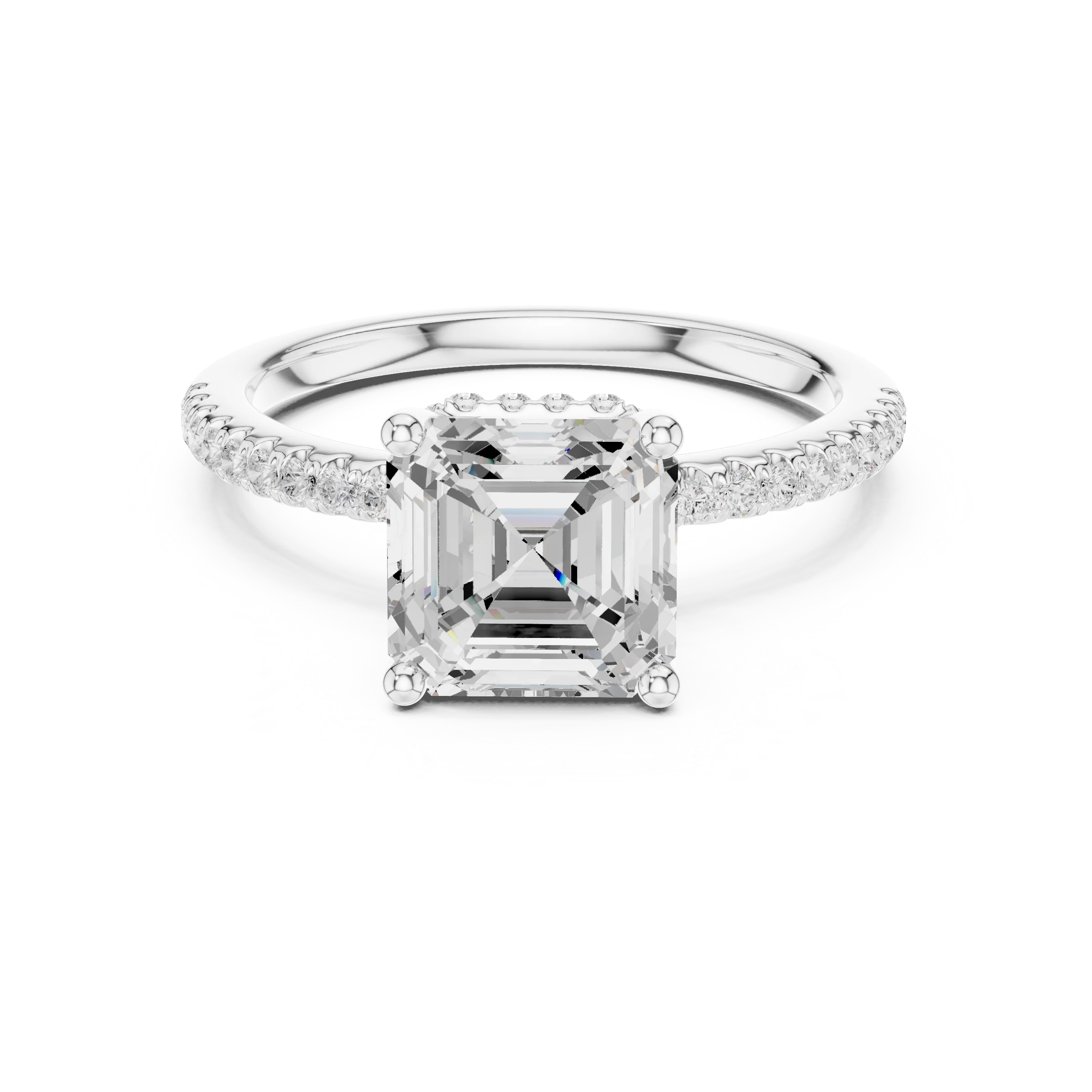 Hidden Halo Asscher Cut Diamond Engagement Ring With Pave Band