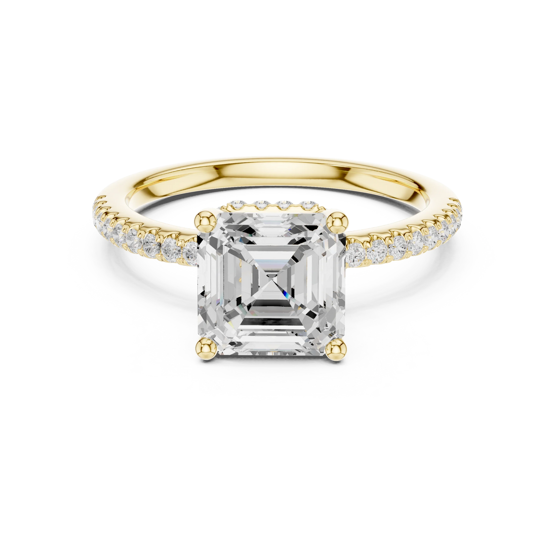 Hidden Halo Asscher Cut Diamond Engagement Ring With Pave Band