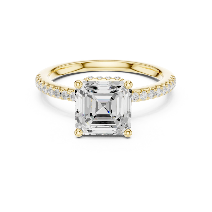 Hidden Halo Asscher Cut Diamond Engagement Ring With Pave Band