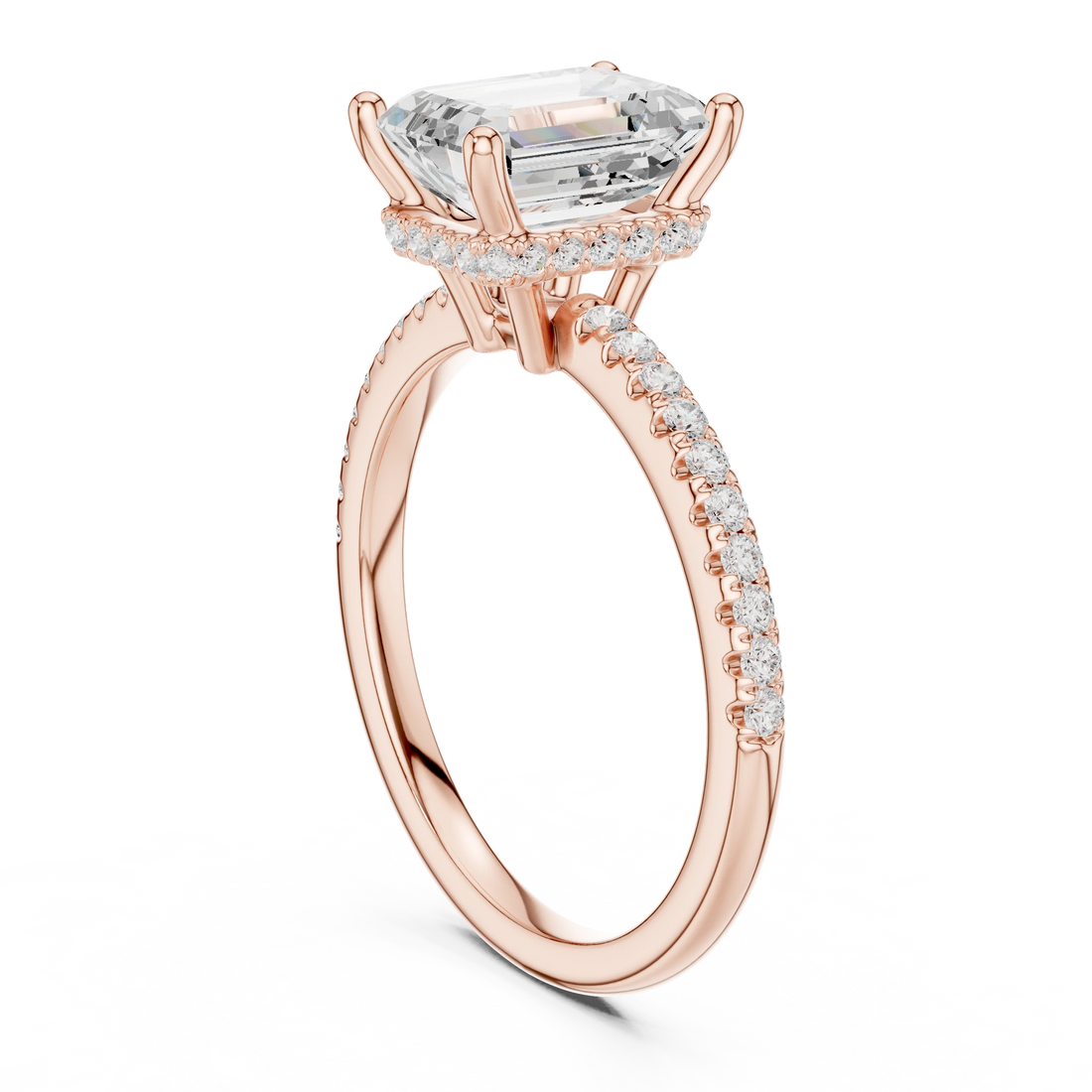 Hidden Halo Emerald Cut Diamond Engagement Ring With Pave Band