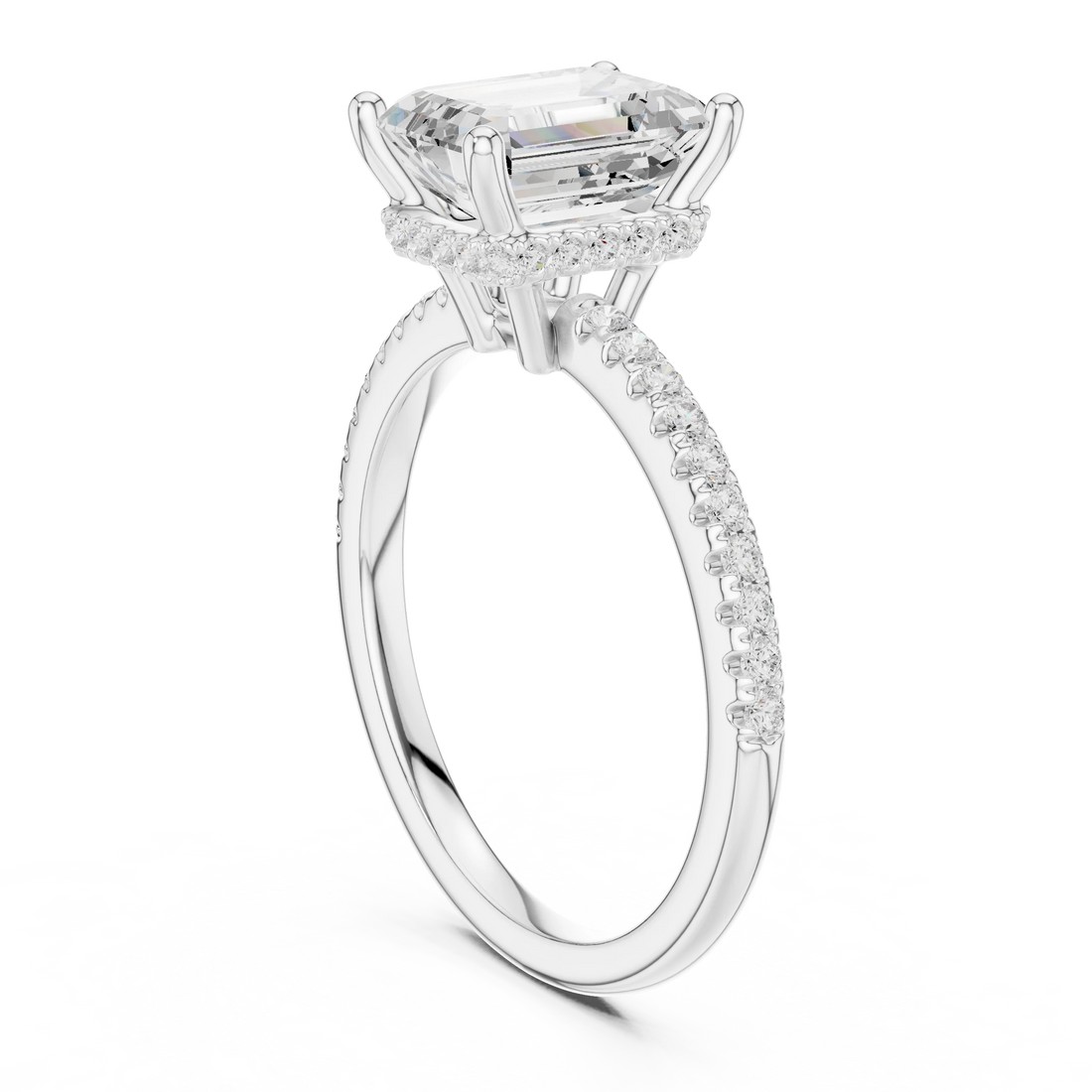 Hidden Halo Emerald Cut Diamond Engagement Ring With Pave Band