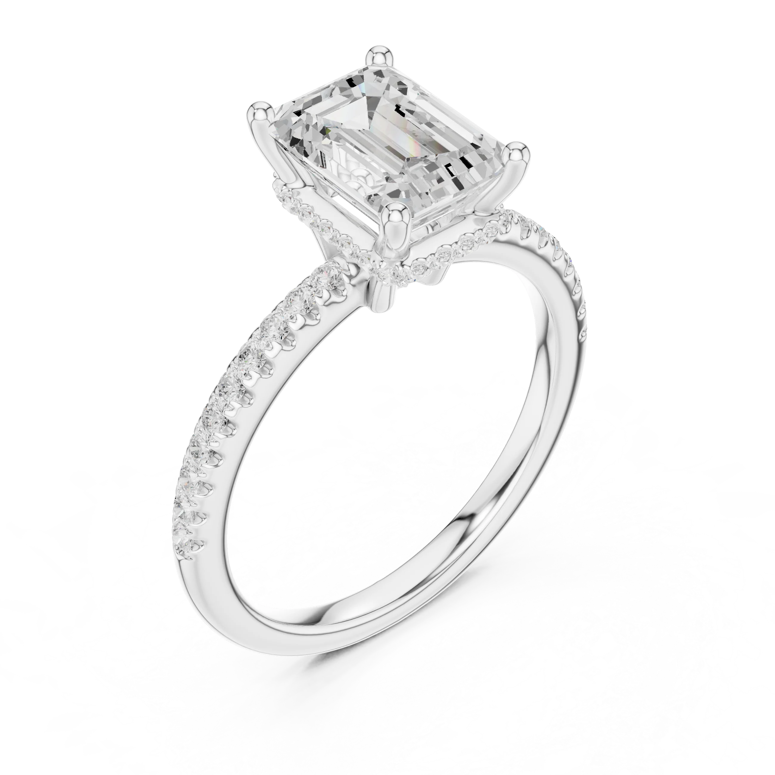 Hidden Halo Emerald Cut Diamond Engagement Ring With Pave Band