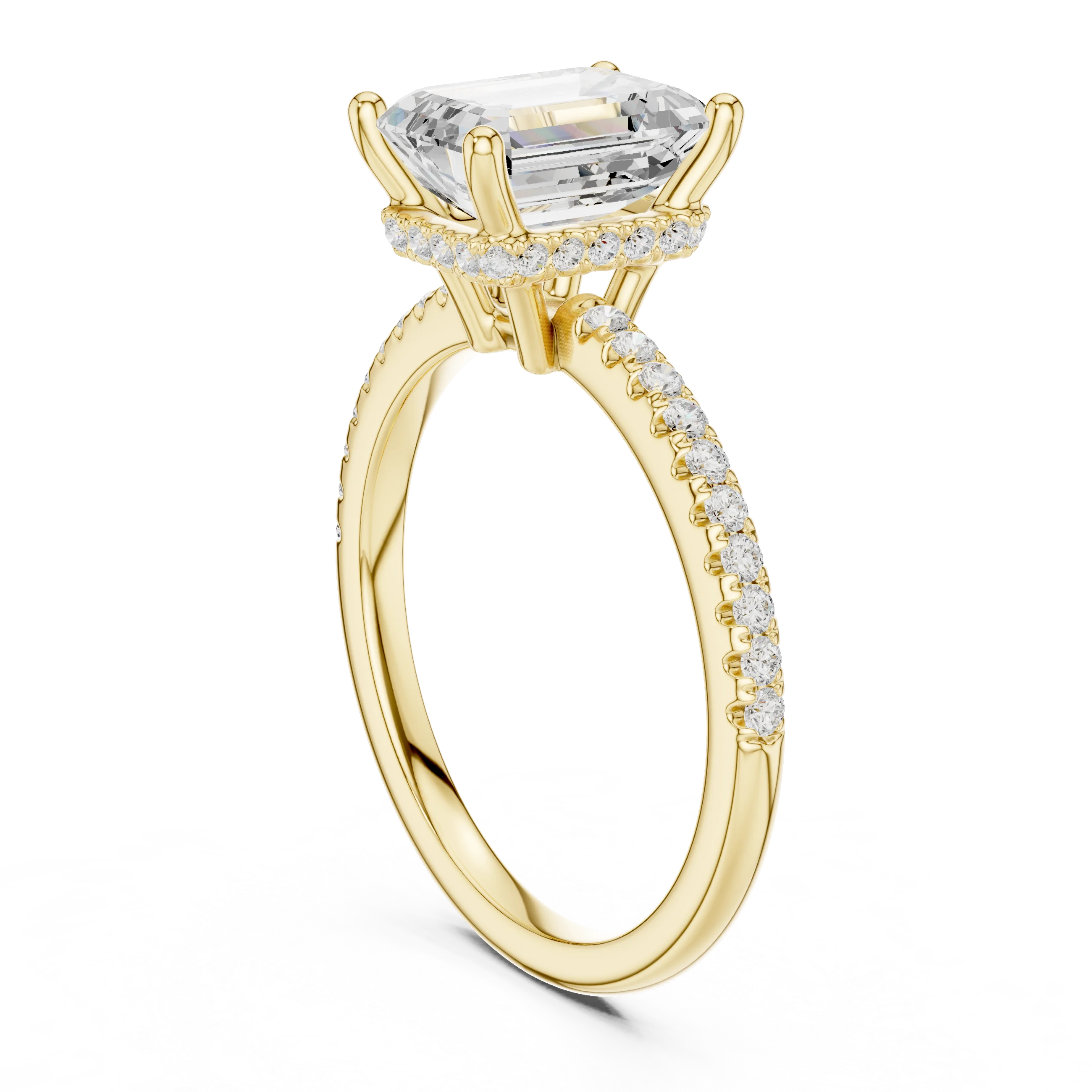 Hidden Halo Emerald Cut Diamond Engagement Ring With Pave Band