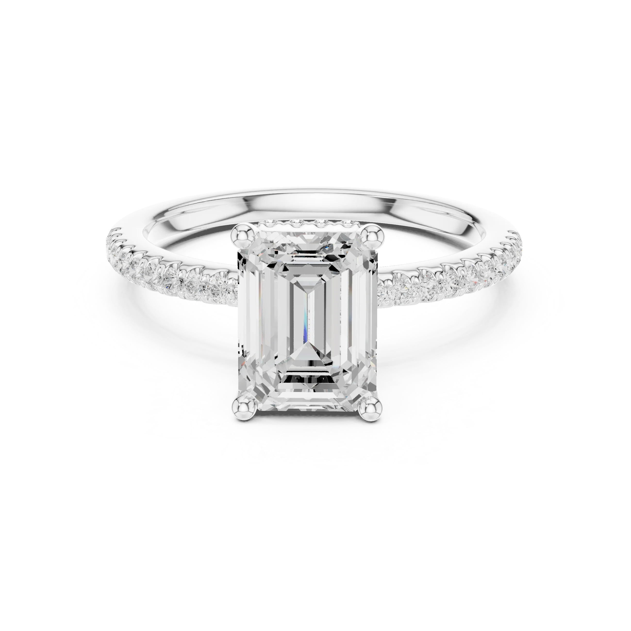 Hidden Halo Emerald Cut Diamond Engagement Ring With Pave Band
