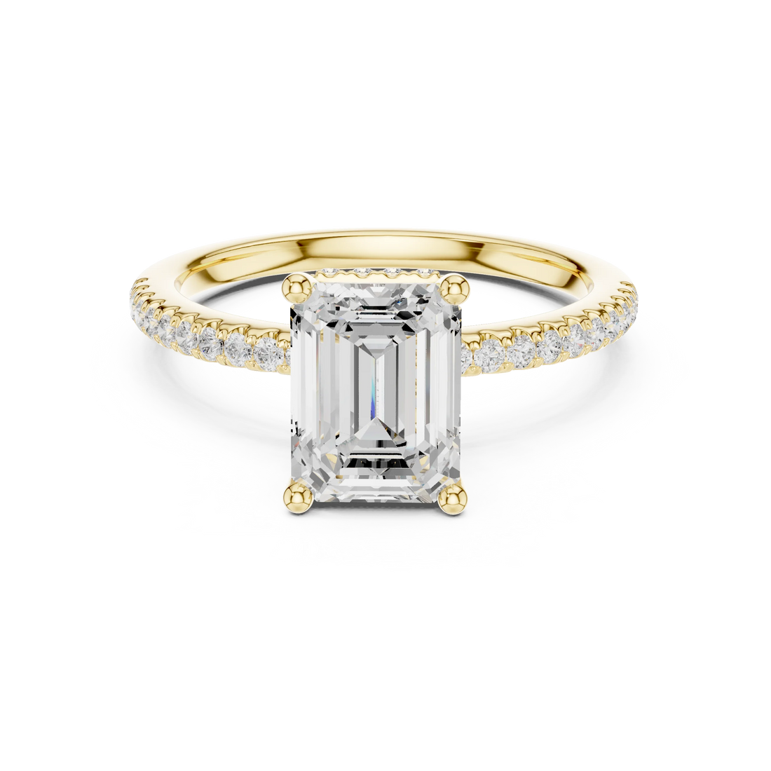 Hidden Halo Emerald Cut Diamond Engagement Ring With Pave Band