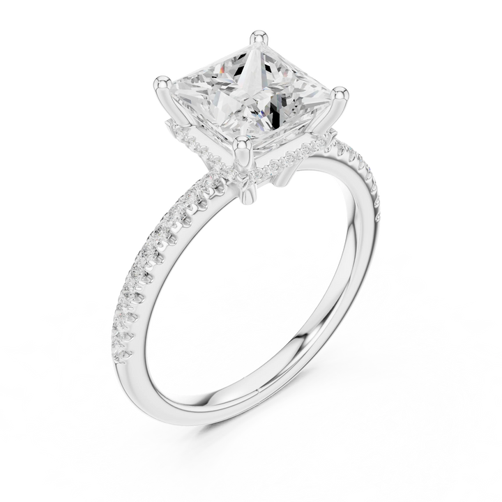 Hidden Halo Princess Cut Diamond Engagement Ring With Pave Band
