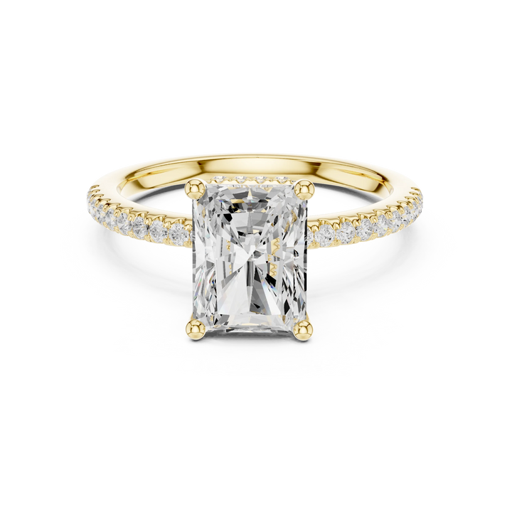 Hidden Halo Radiant Cut Diamond Engagement Ring With Pave Band