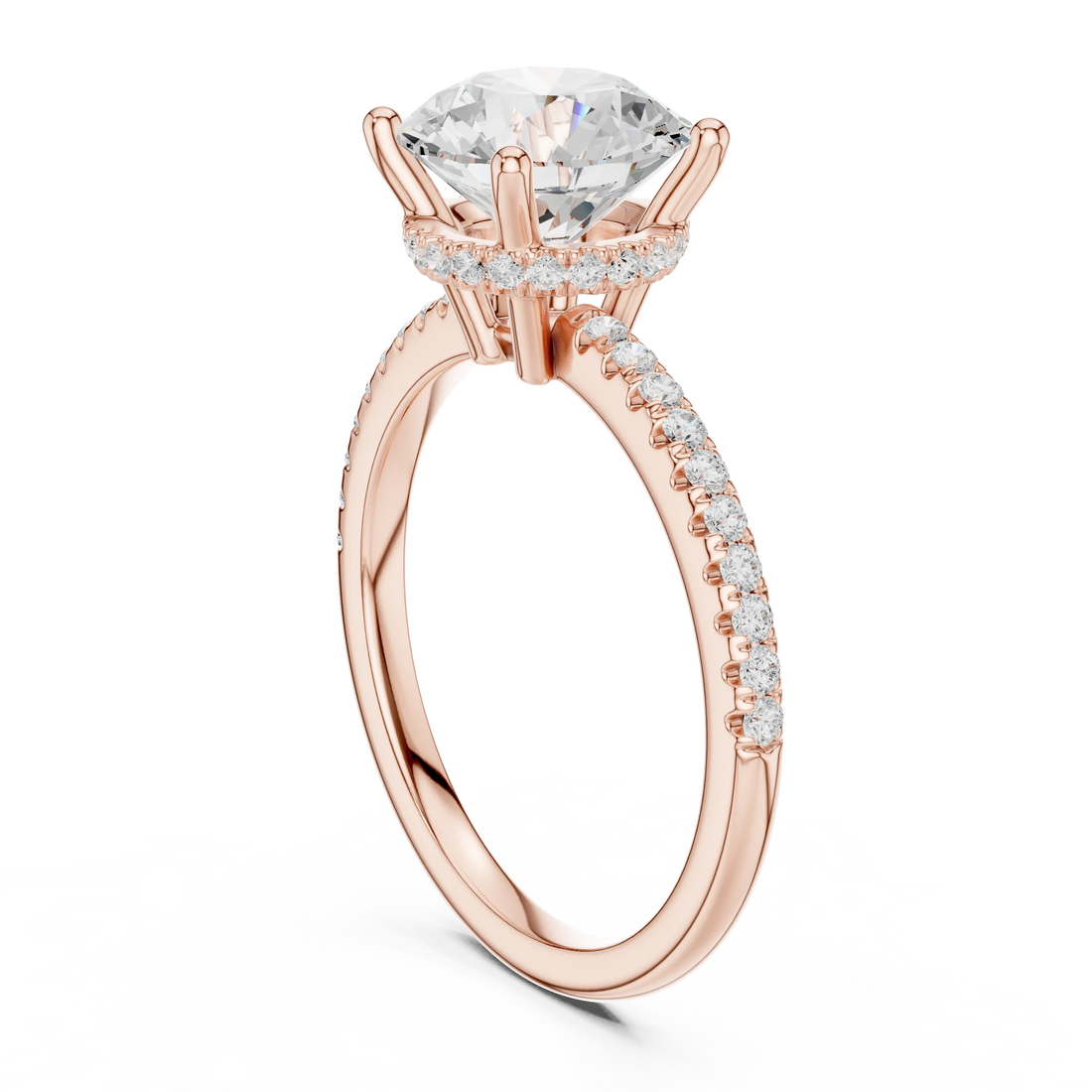 Hidden Halo Round Cut Diamond Engagement Ring With Pave Band