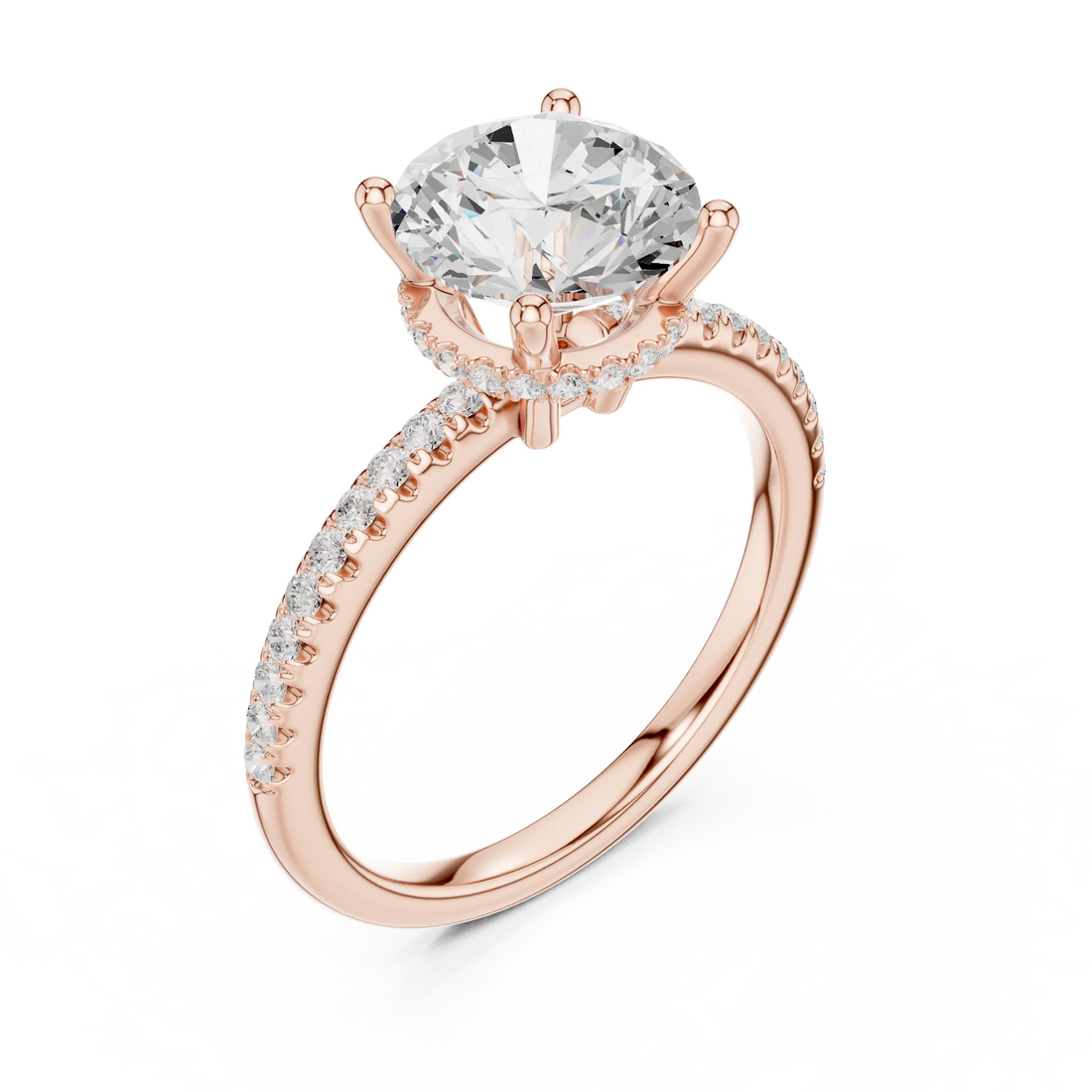 Hidden Halo Round Cut Diamond Engagement Ring With Pave Band