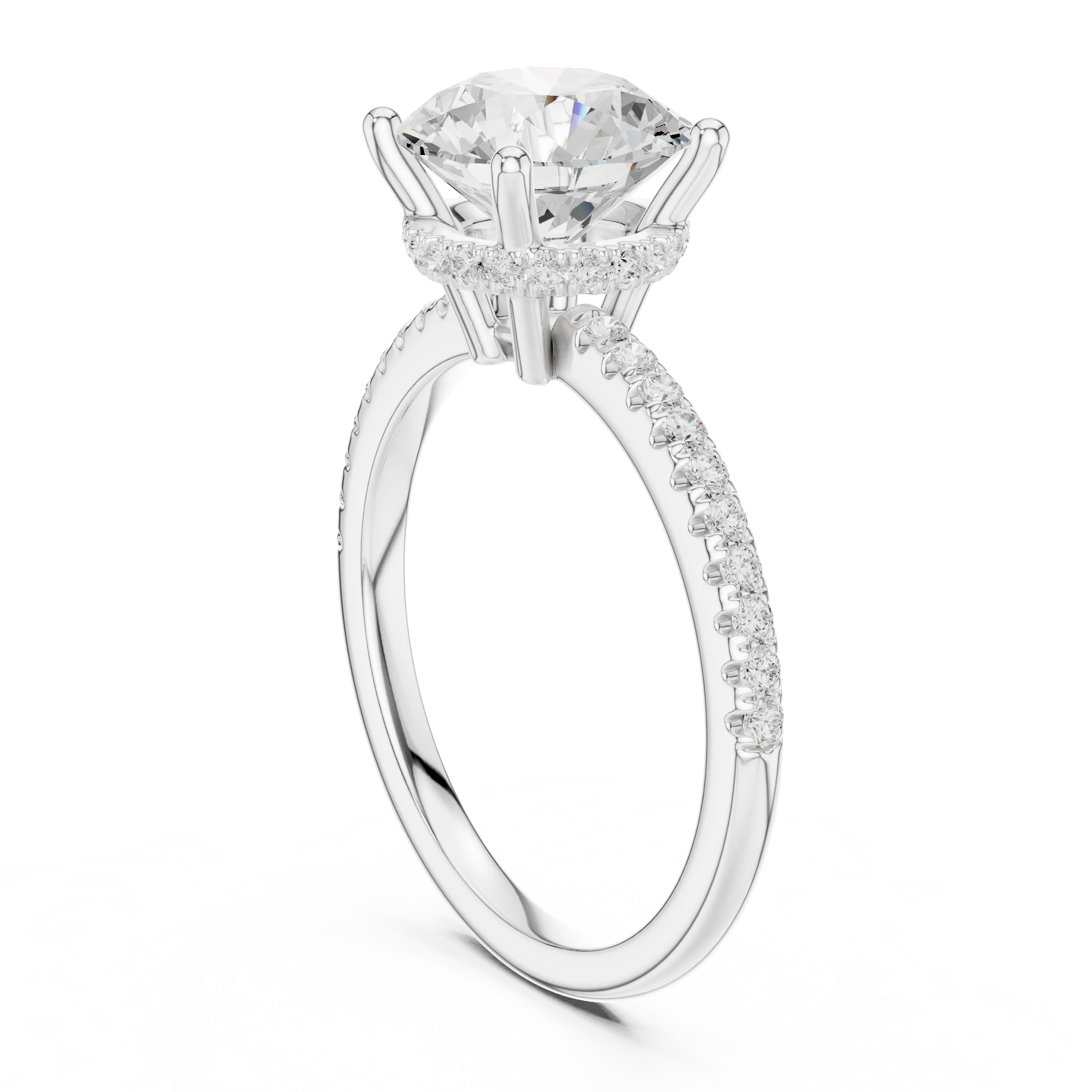 Hidden Halo Round Cut Diamond Engagement Ring With Pave Band