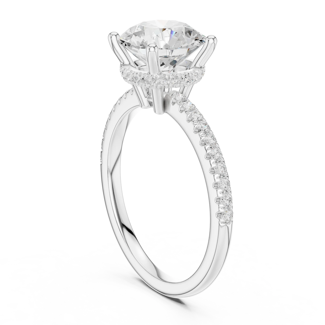 Hidden Halo Round Cut Diamond Engagement Ring With Pave Band
