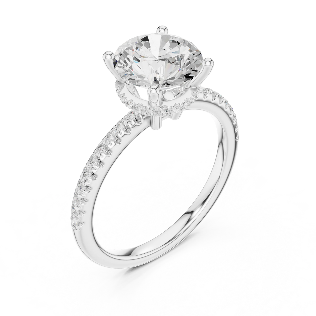 Hidden Halo Round Cut Diamond Engagement Ring With Pave Band