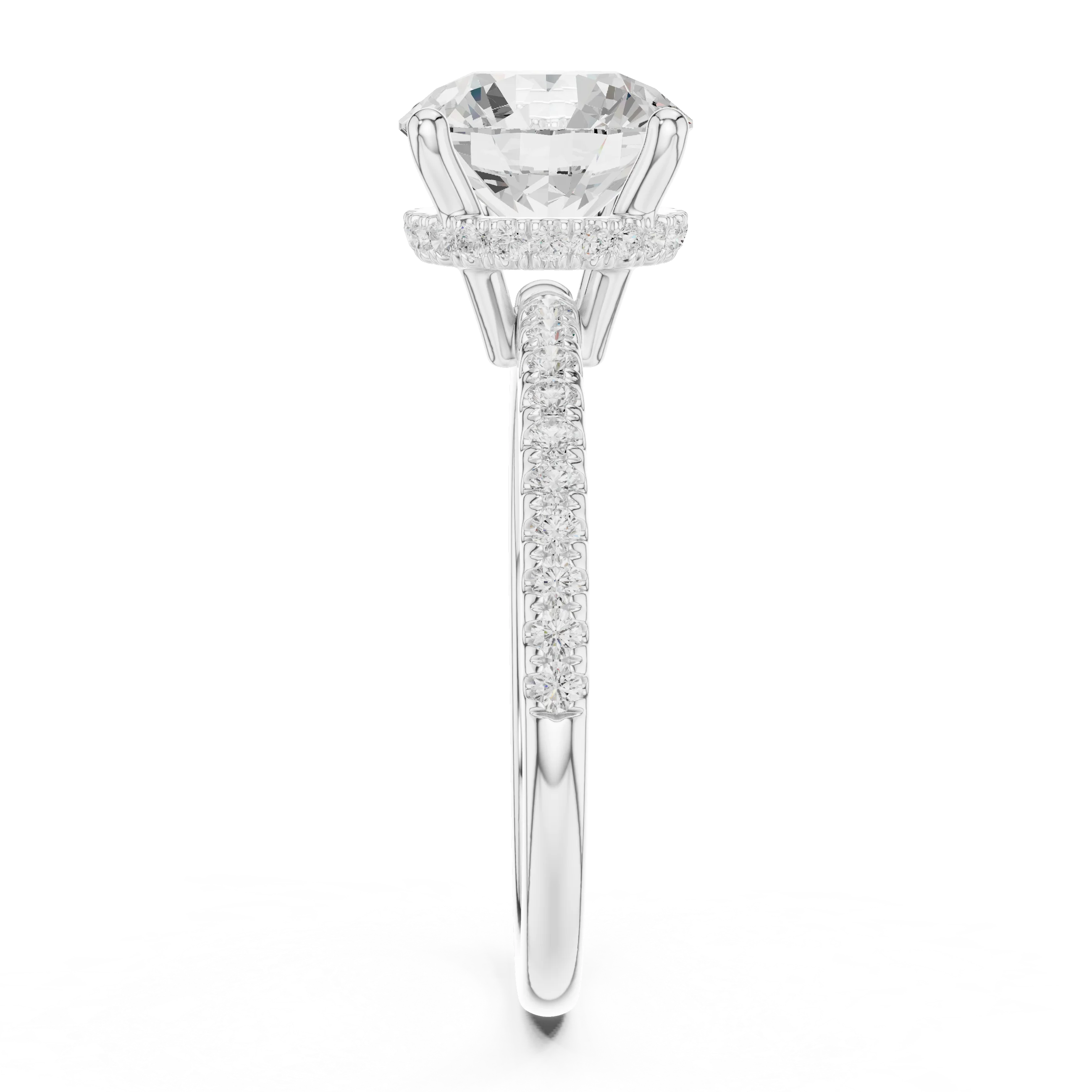 Hidden Halo Round Cut Diamond Engagement Ring With Pave Band