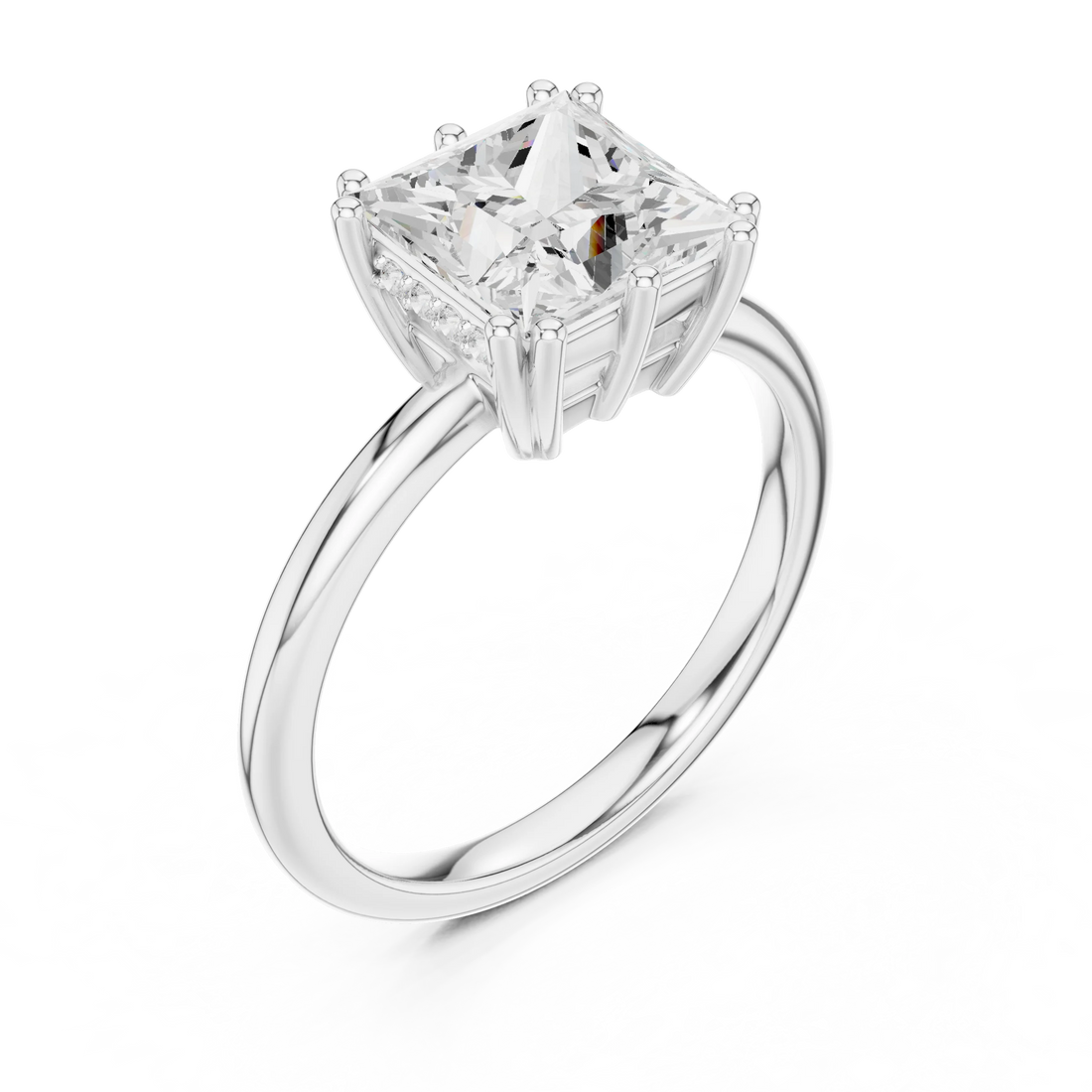 Princess Cut Diamond Solitaire Engagement Ring with Hidden Accent Diamonds