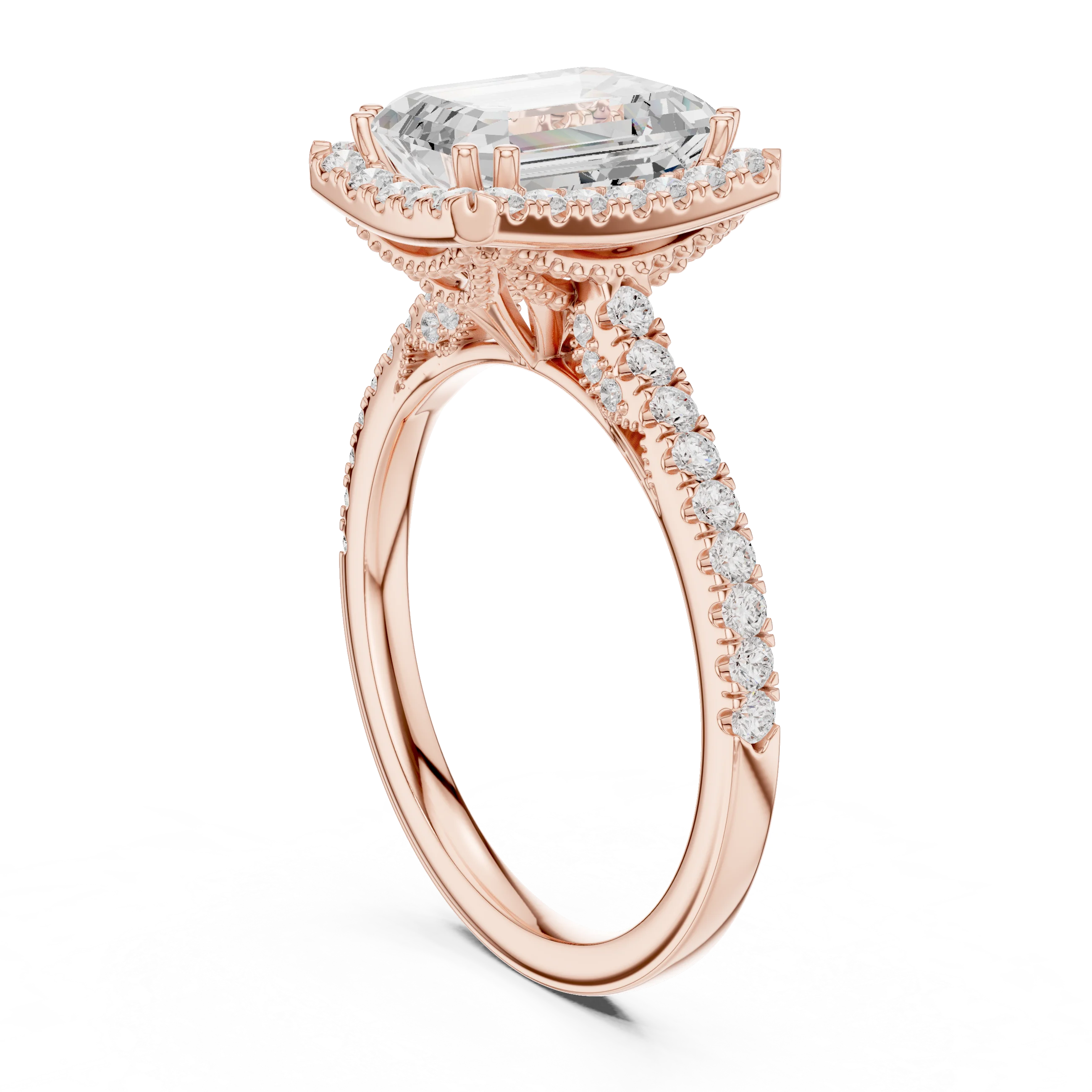 Emerald Cut Diamond Halo Engagement Ring with Pave Band