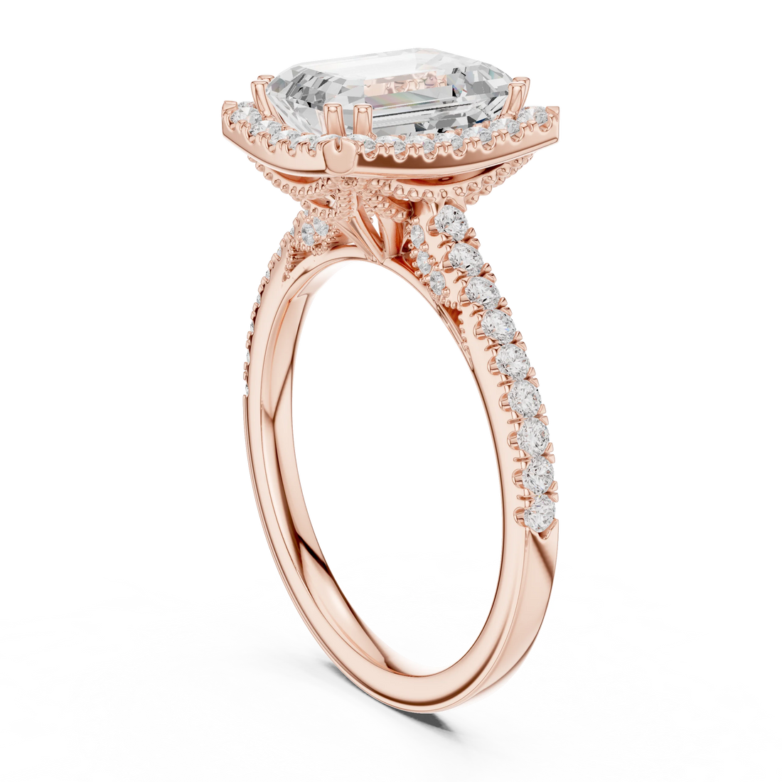 Emerald Cut Diamond Halo Engagement Ring with Pave Band