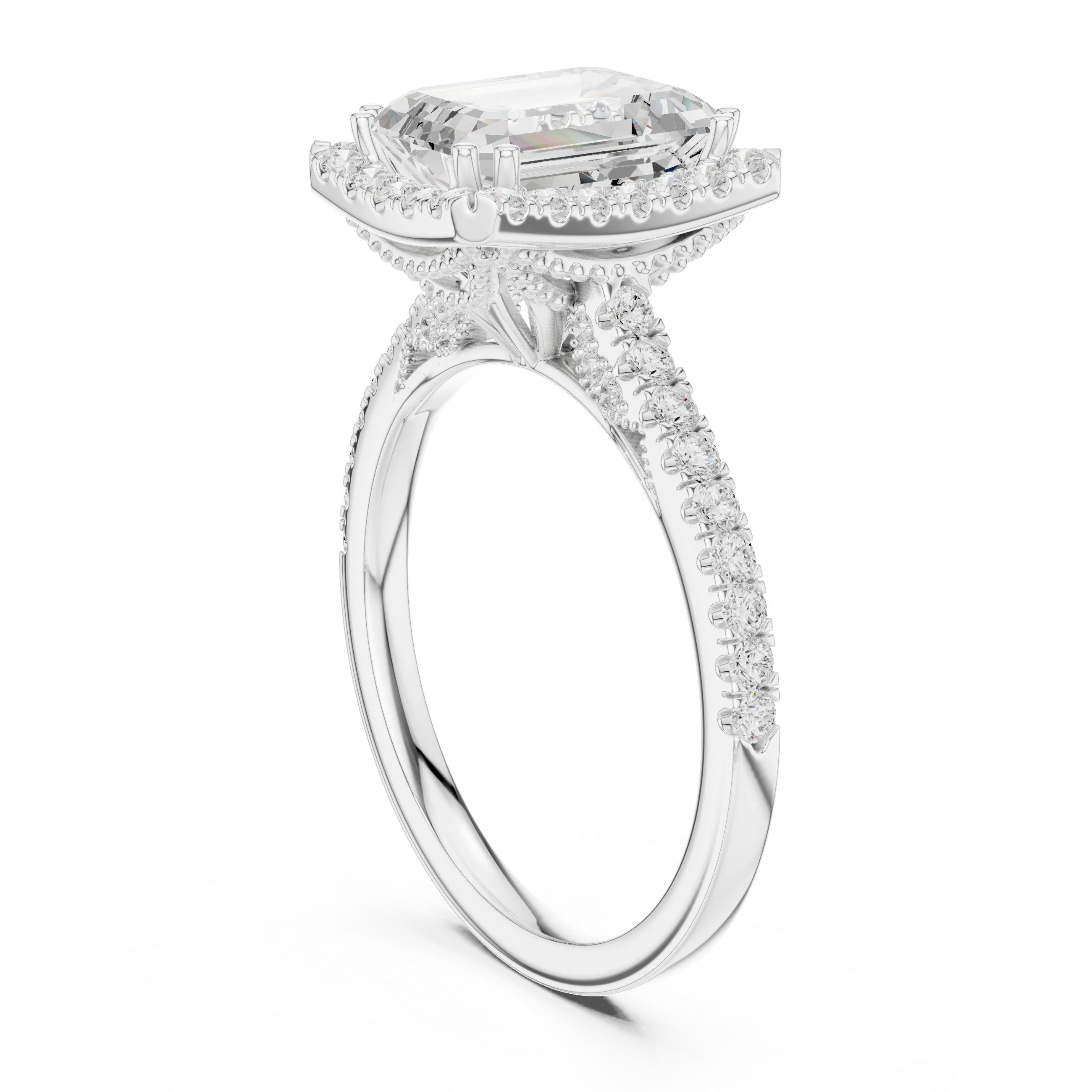 Emerald Cut Diamond Halo Engagement Ring with Pave Band