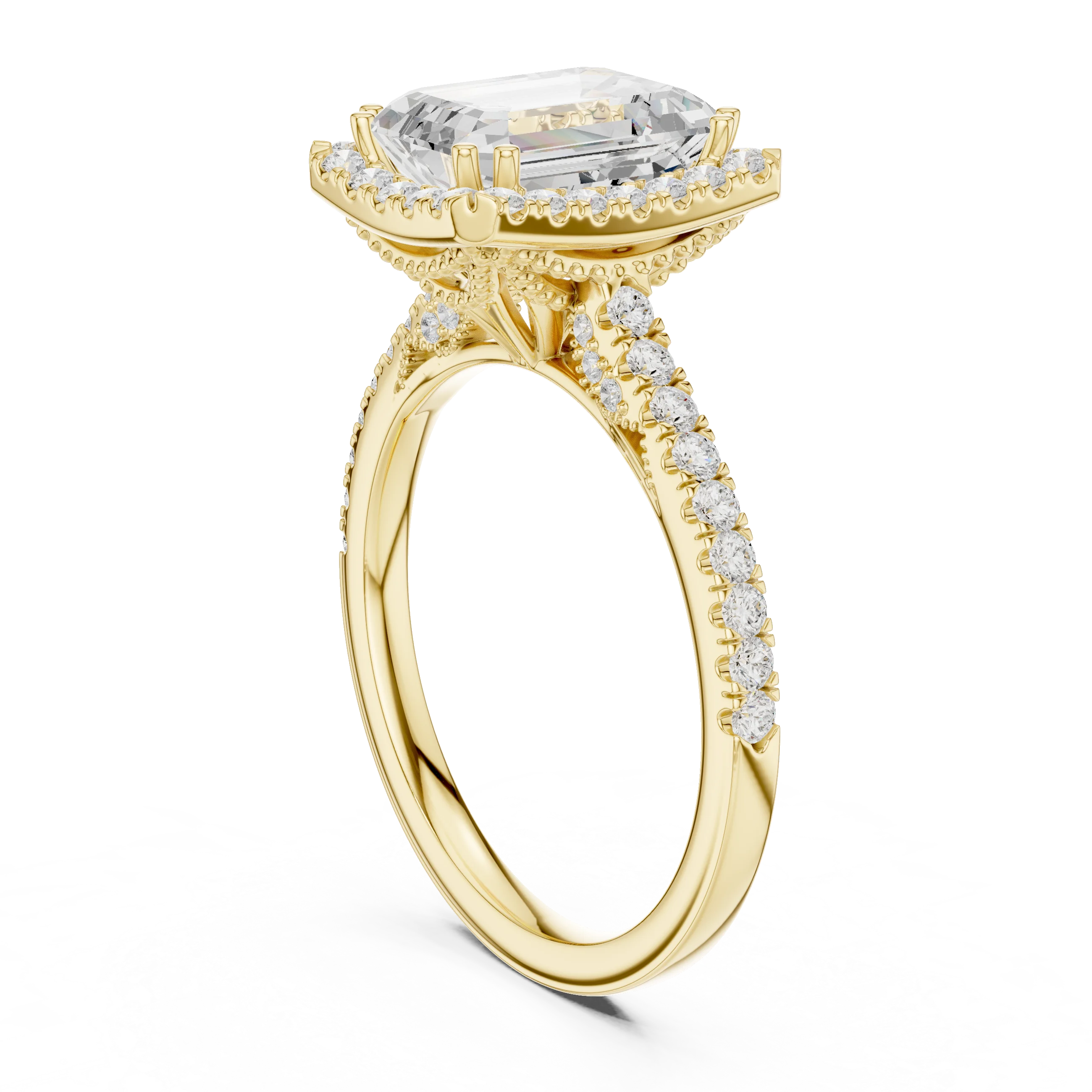 Emerald Cut Diamond Halo Engagement Ring with Pave Band