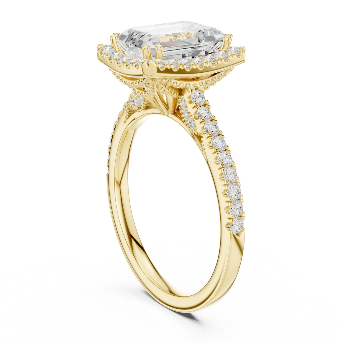 Emerald Cut Diamond Halo Engagement Ring with Pave Band