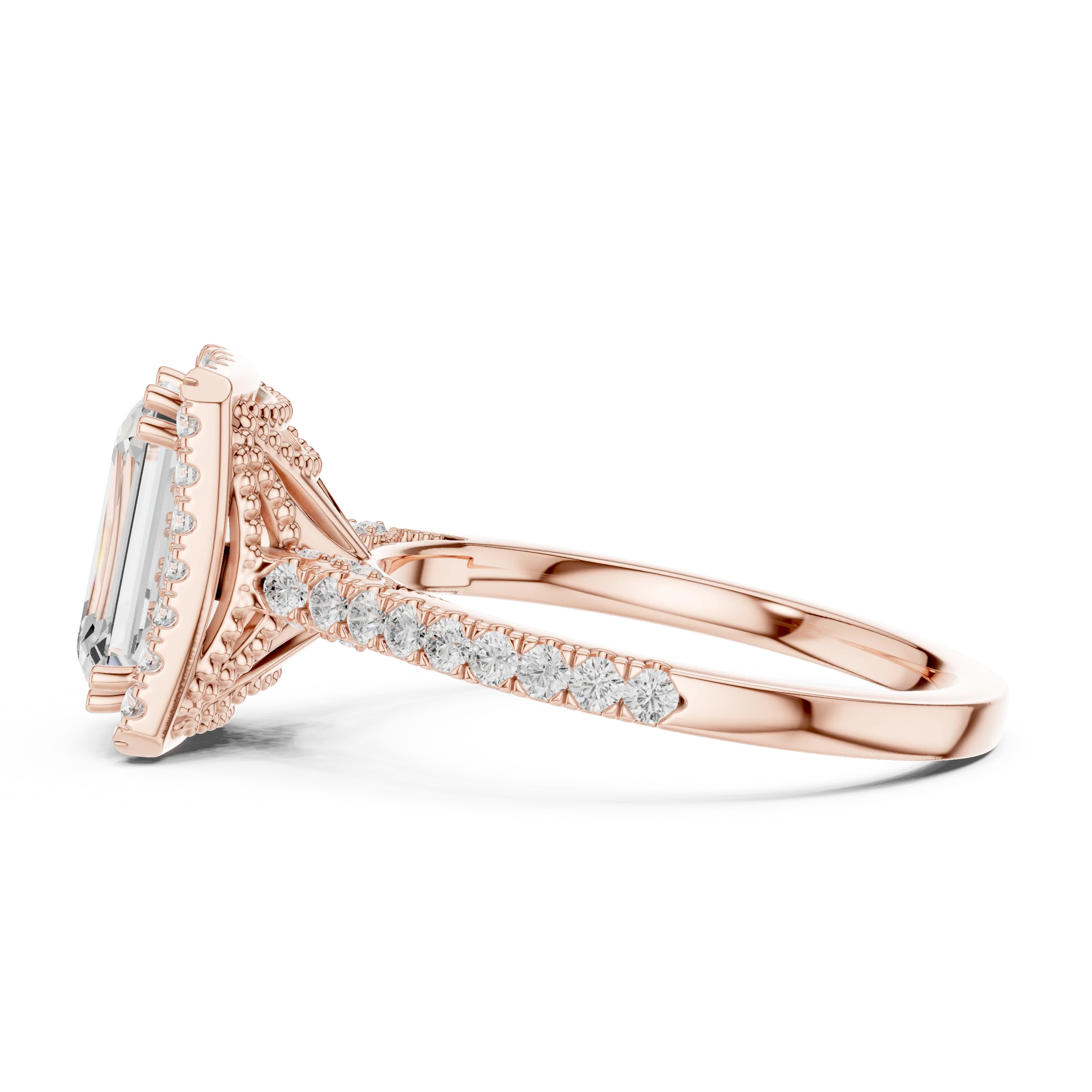 Emerald Cut Diamond Halo Engagement Ring with Pave Band