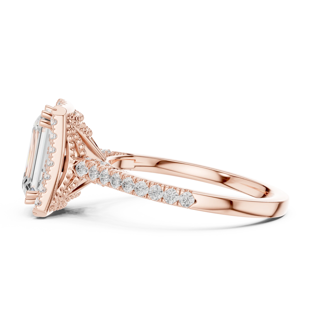 Emerald Cut Diamond Halo Engagement Ring with Pave Band
