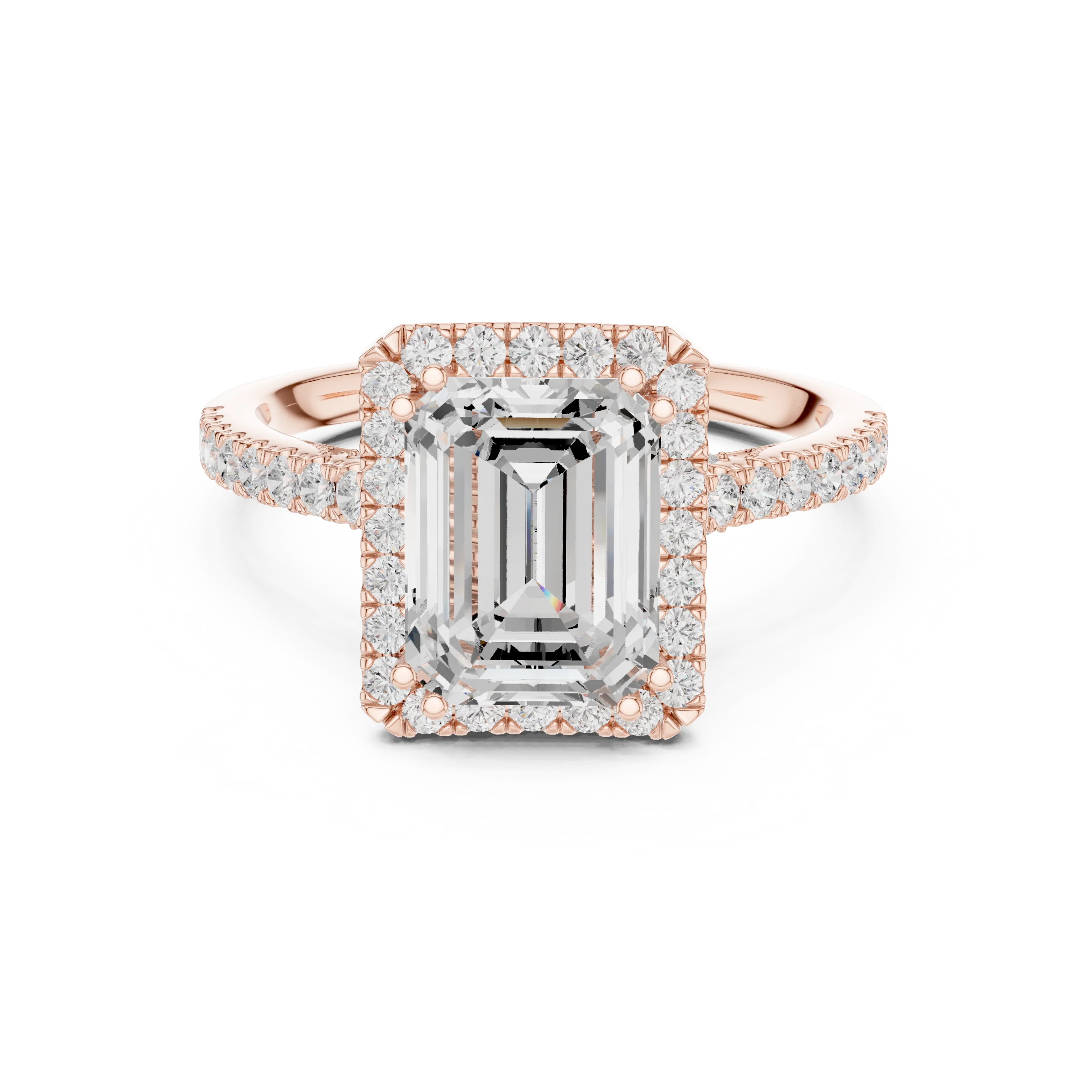 Emerald Cut Diamond Halo Engagement Ring with Pave Band