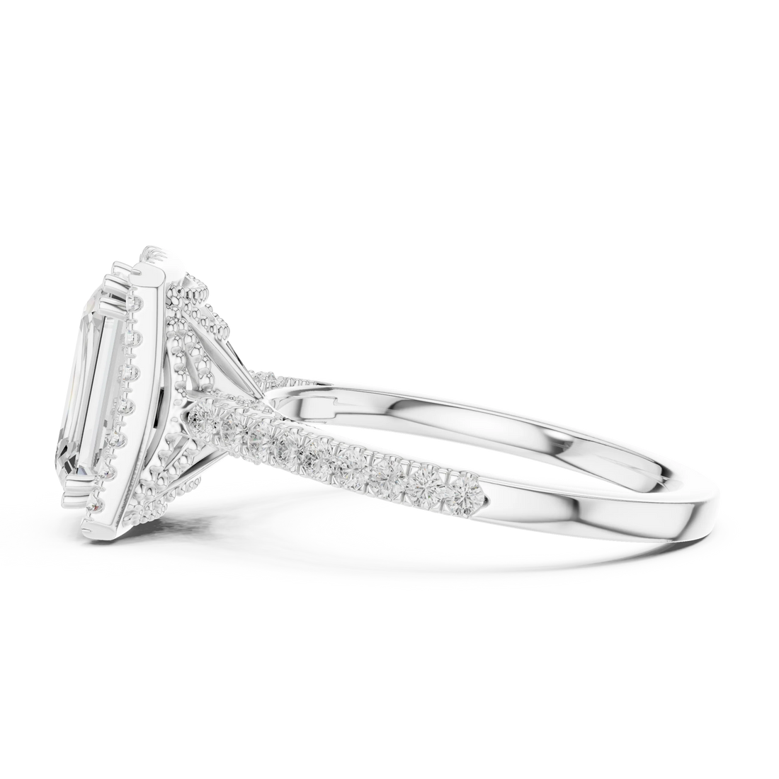 Emerald Cut Diamond Halo Engagement Ring with Pave Band