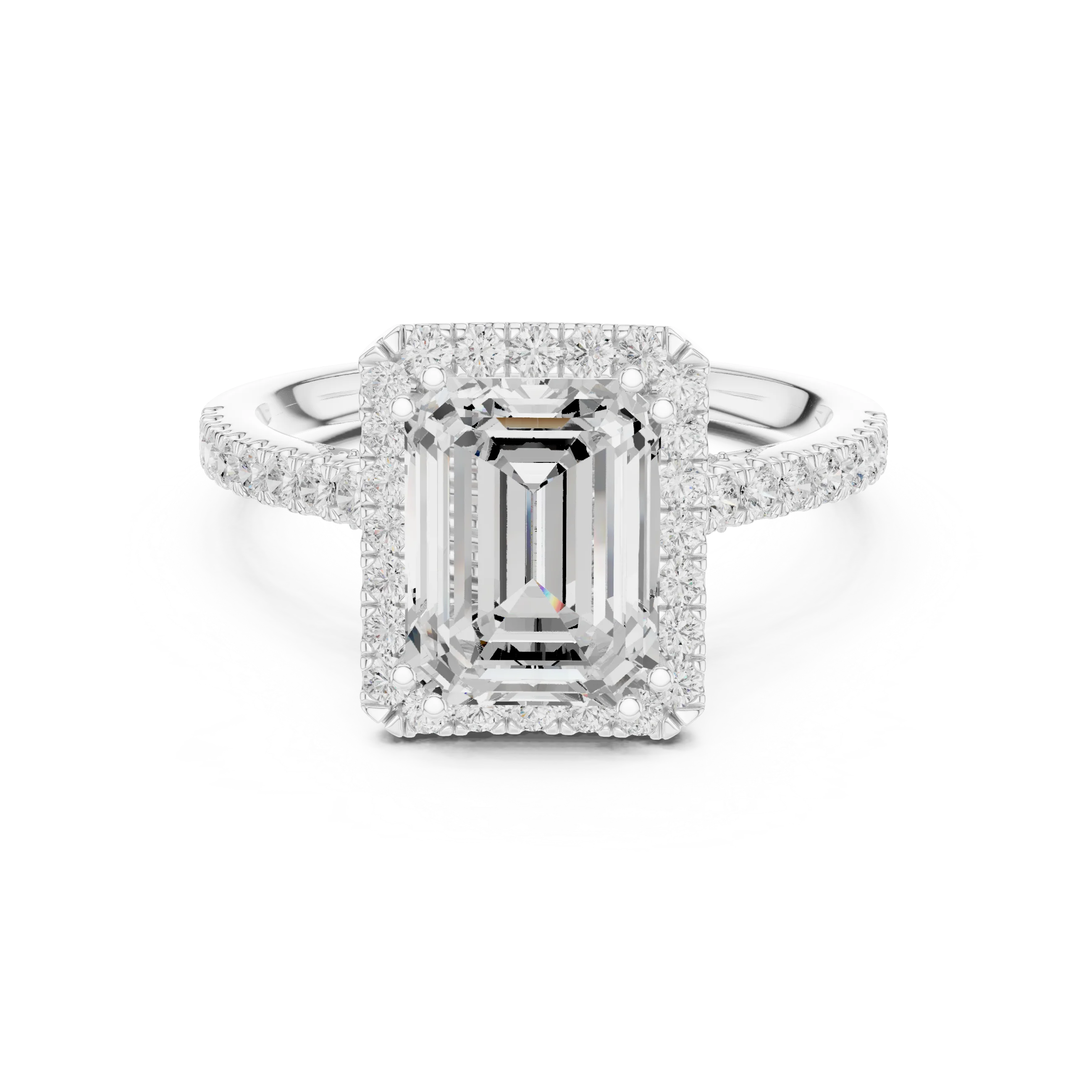 Emerald Cut Diamond Halo Engagement Ring with Pave Band