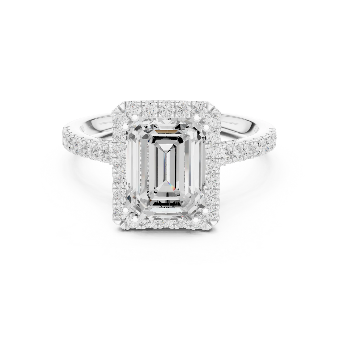 Emerald Cut Diamond Halo Engagement Ring with Pave Band