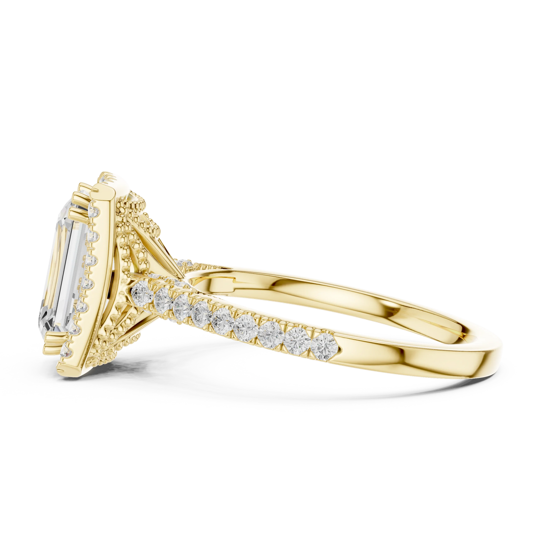 Emerald Cut Diamond Halo Engagement Ring with Pave Band