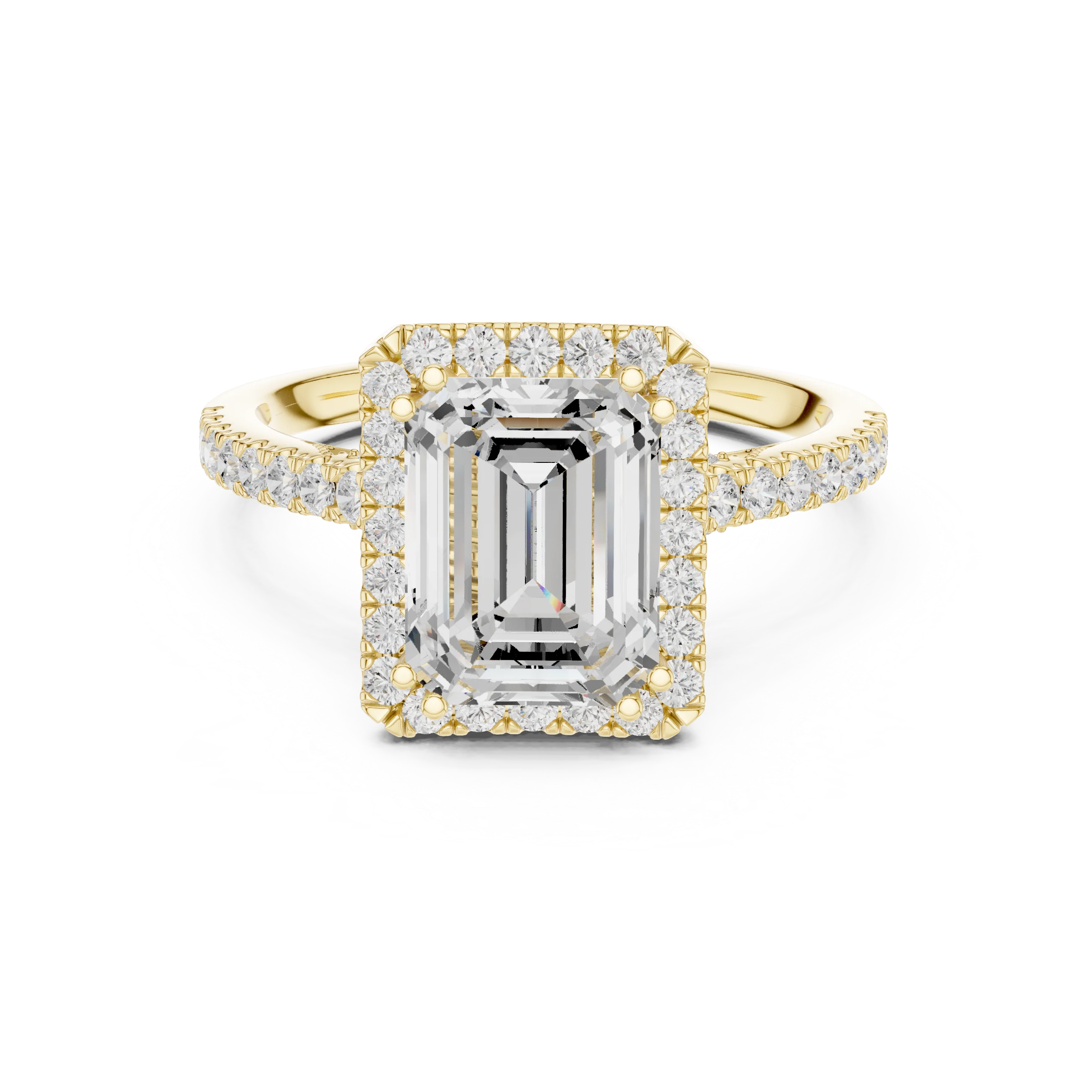 Emerald Cut Diamond Halo Engagement Ring with Pave Band