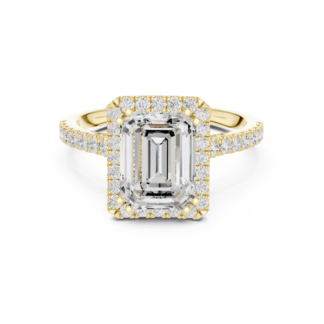 Emerald Cut Diamond Halo Engagement Ring with Pave Band