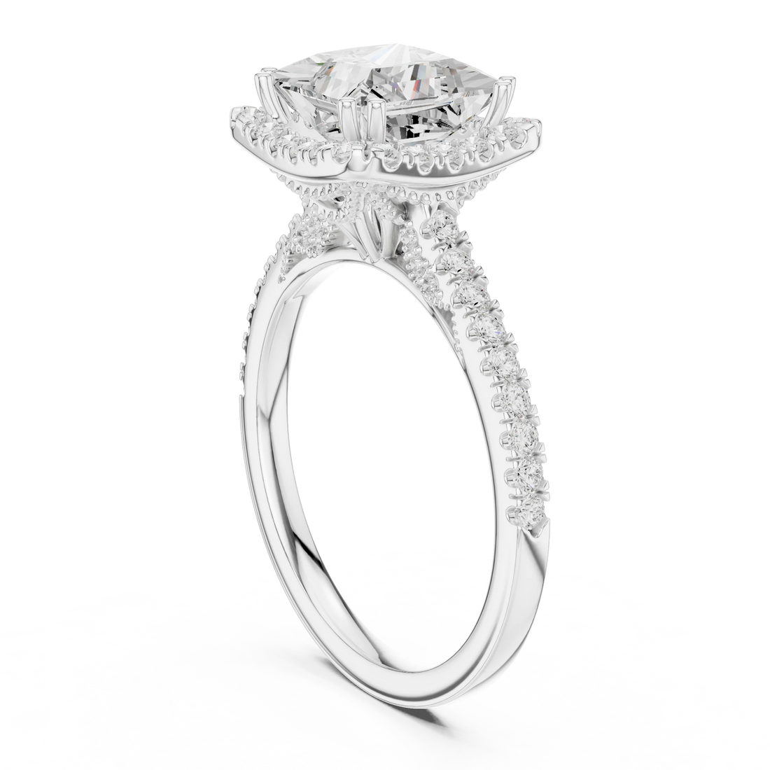 Princess Cut Diamond Halo Engagement Ring with Pave Band