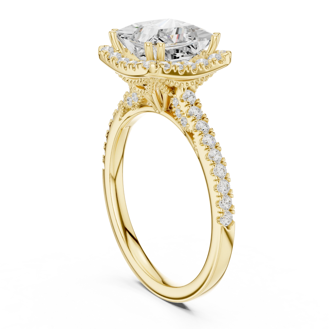 Princess Cut Diamond Halo Engagement Ring with Pave Band