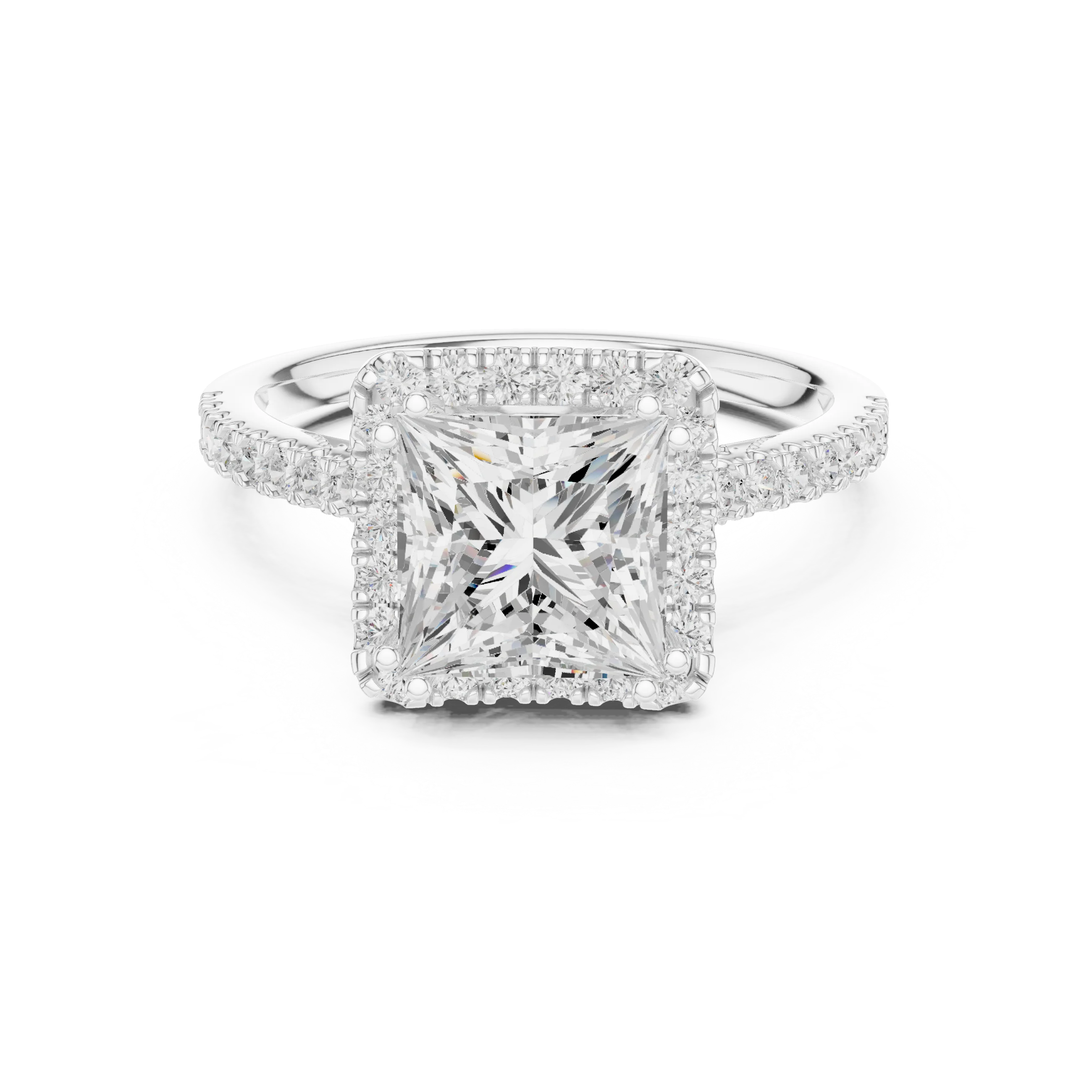 Princess Cut Diamond Halo Engagement Ring with Pave Band