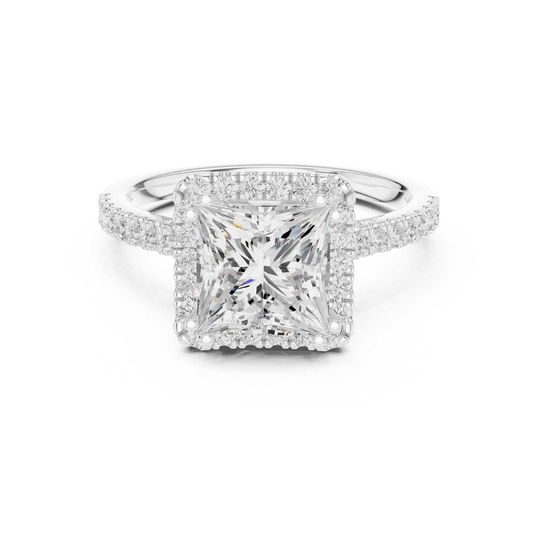 Princess Cut Diamond Halo Engagement Ring with Pave Band