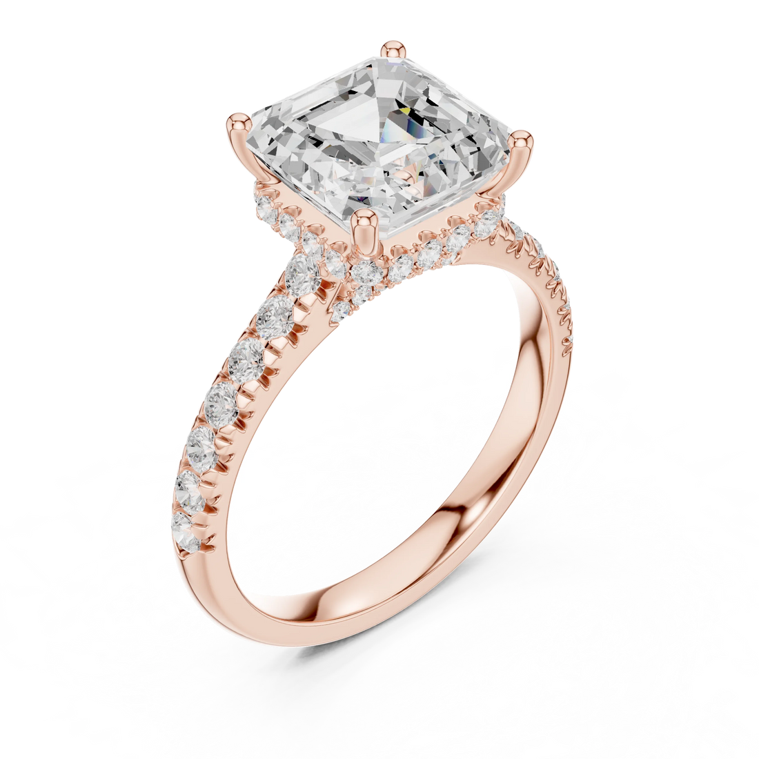Asscher Cut Diamond Hidden Halo Engagement Ring with Pave Band