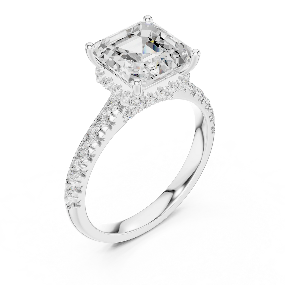 Asscher Cut Diamond Hidden Halo Engagement Ring with Pave Band