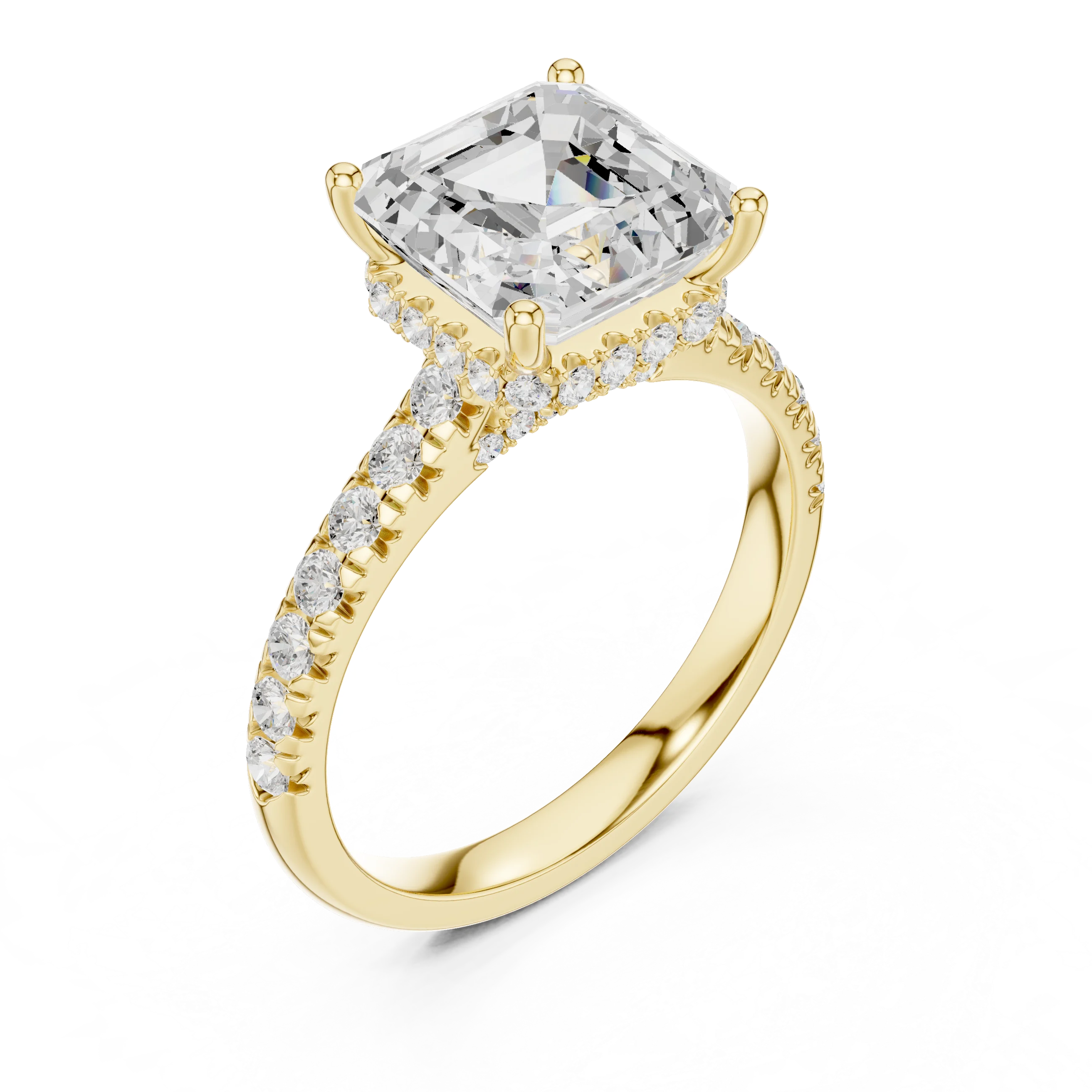 Asscher Cut Diamond Hidden Halo Engagement Ring with Pave Band