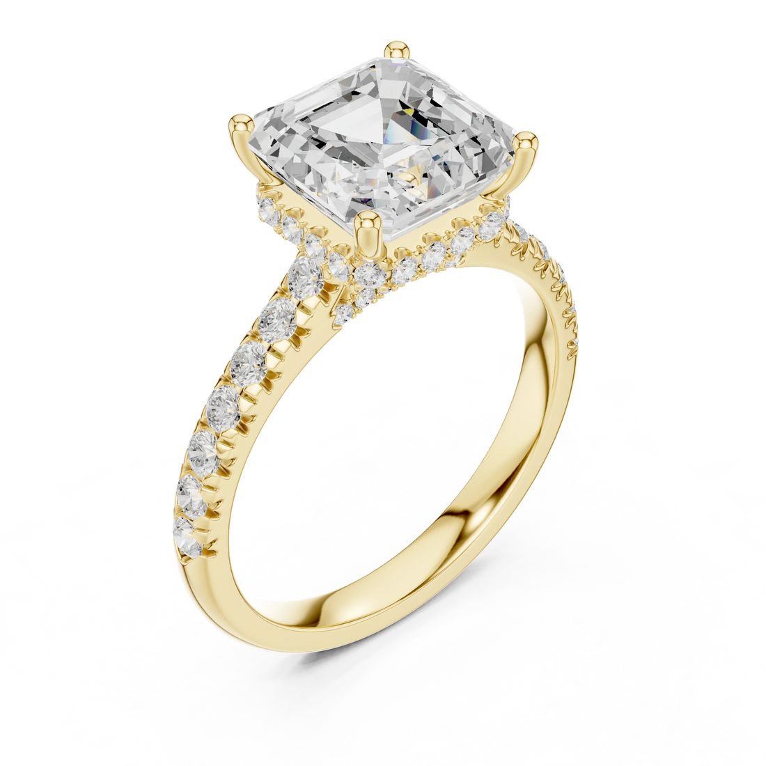 Asscher Cut Diamond Hidden Halo Engagement Ring with Pave Band