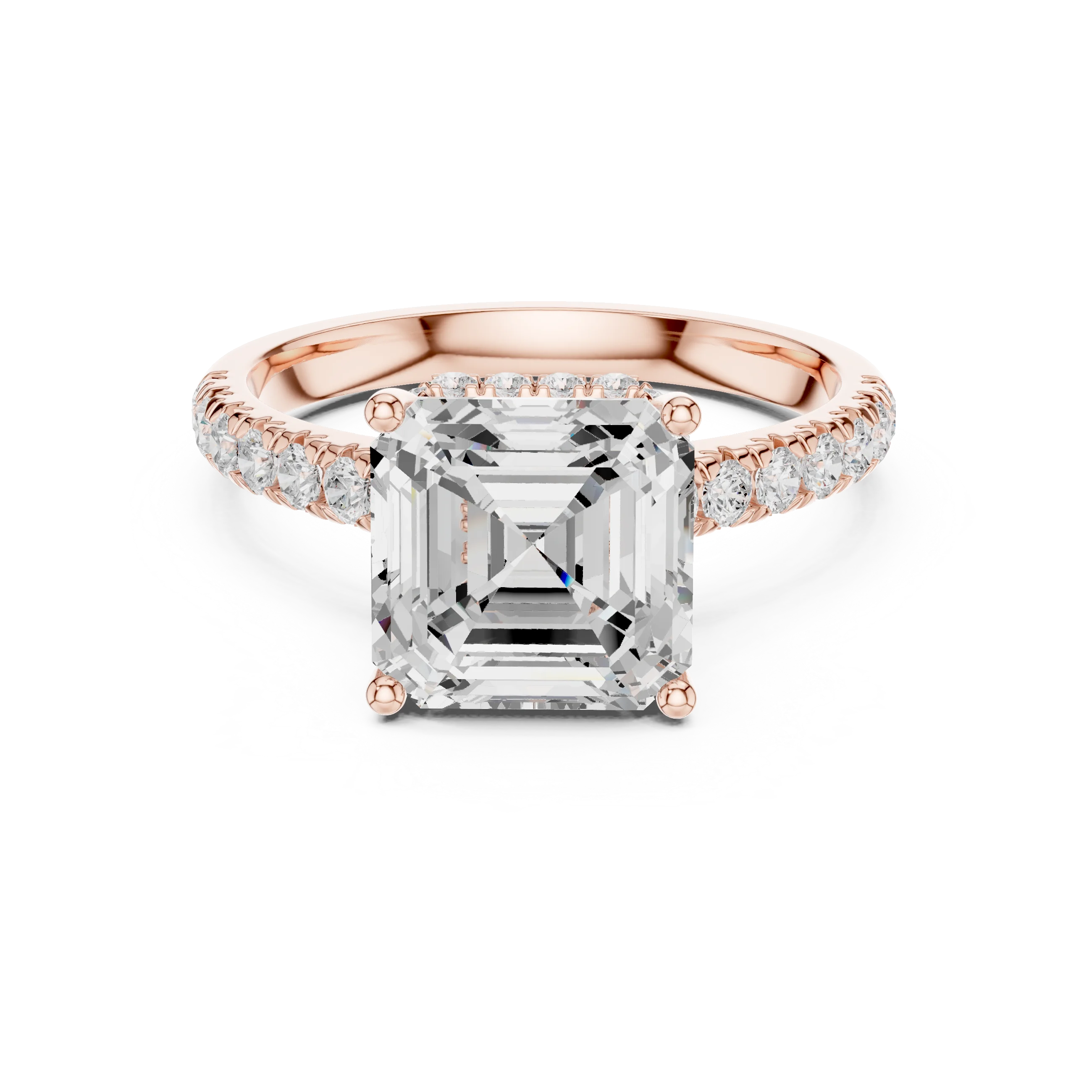Asscher Cut Diamond Hidden Halo Engagement Ring with Pave Band