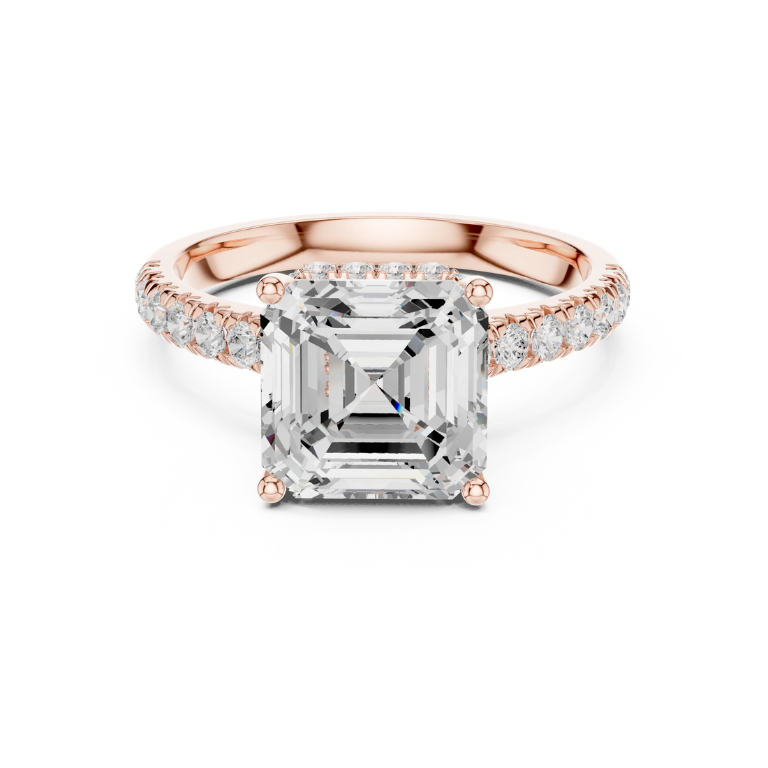 Asscher Cut Diamond Hidden Halo Engagement Ring with Pave Band