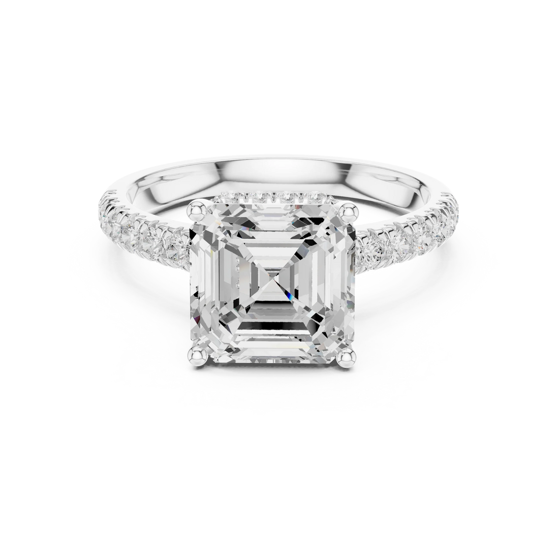 Asscher Cut Diamond Hidden Halo Engagement Ring with Pave Band